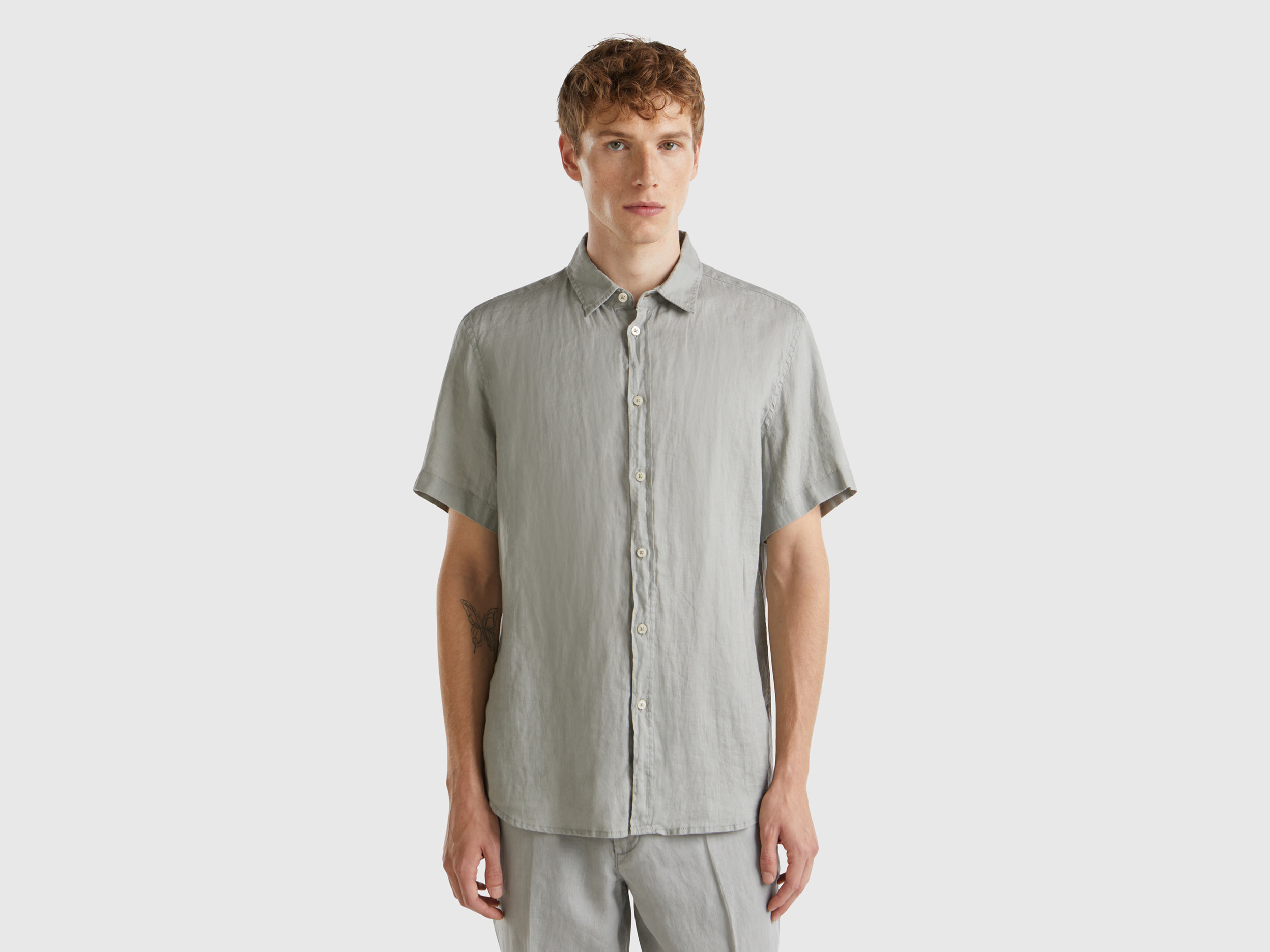 Benetton, Camicia A Manica Corta In Puro Lino, Grigio, Uomo