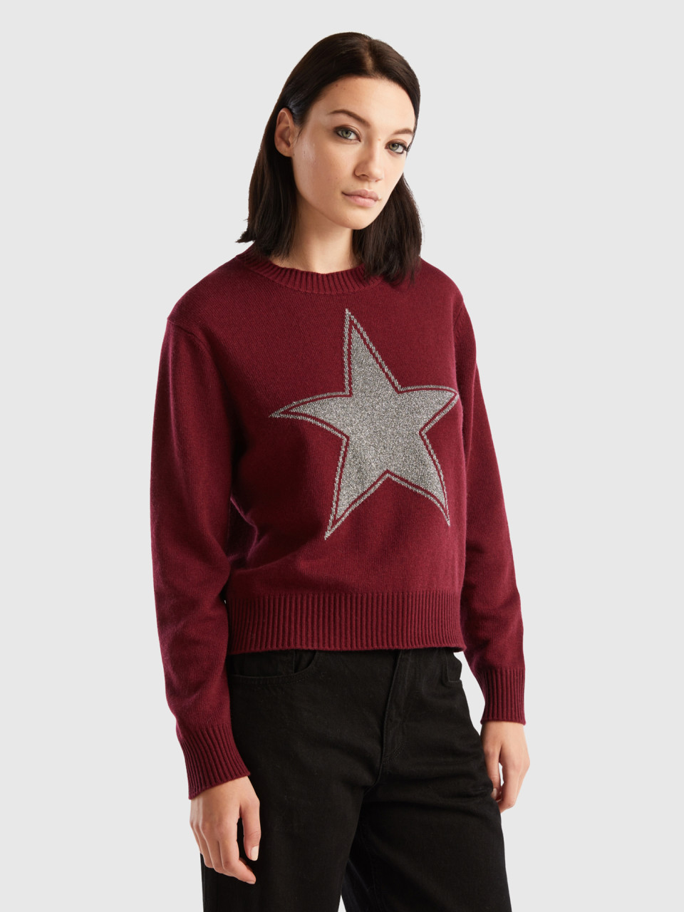 Benetton, Sweater With Lurex Star, Burgundy, Women
