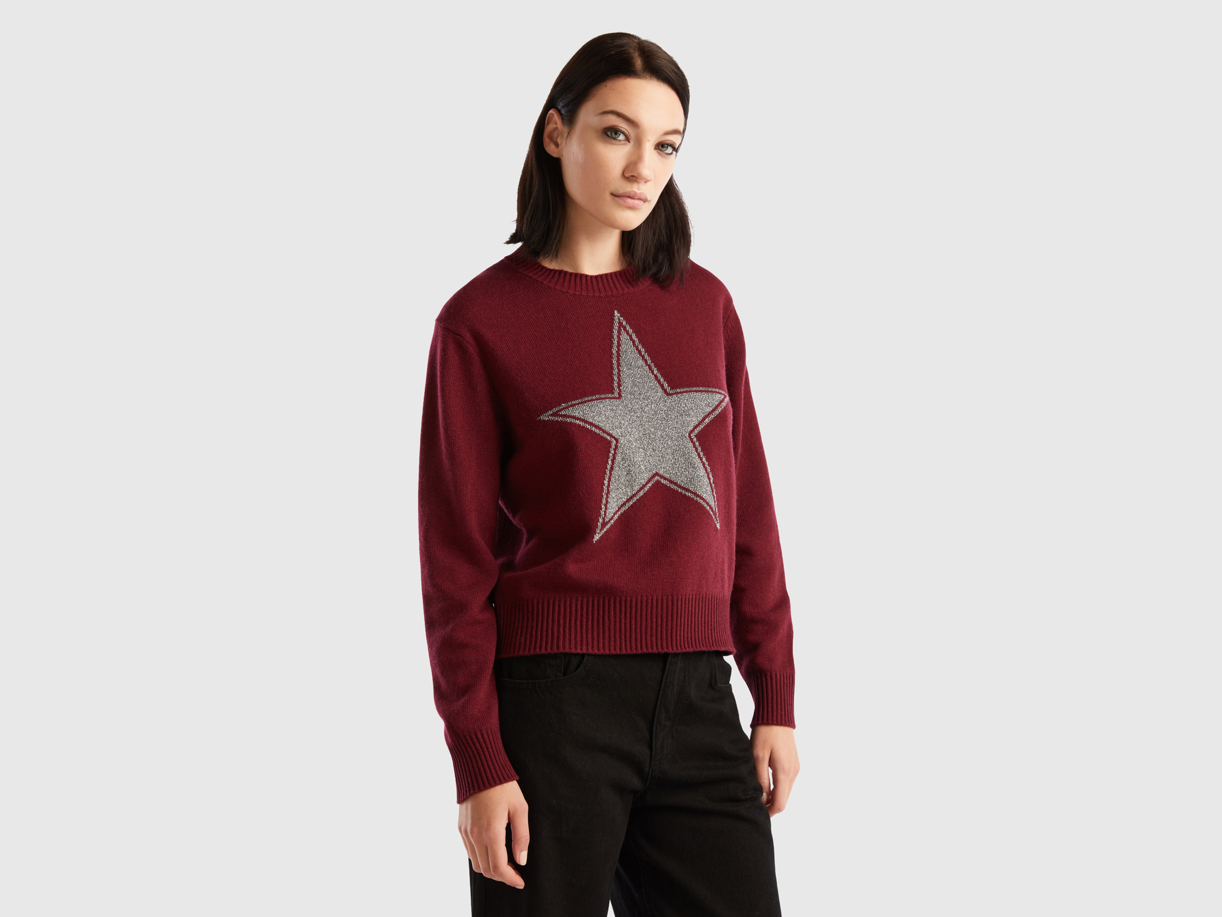 Benetton, Sweater With Lurex Star, size L, Burgundy, Women