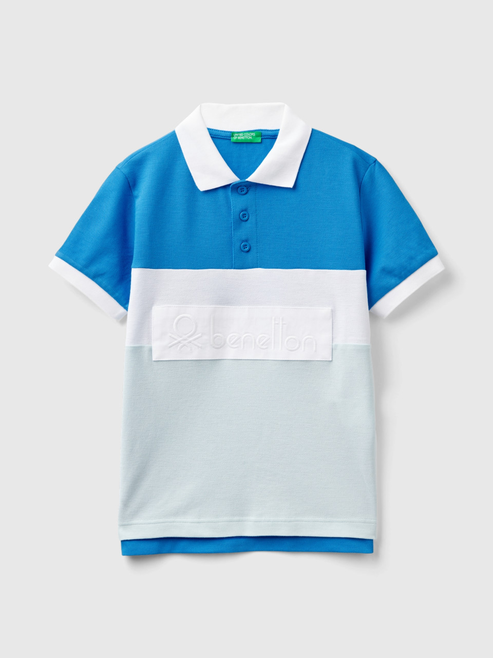 Benetton, Color Block Polo Shirt In Organic Cotton, Blue, Kids