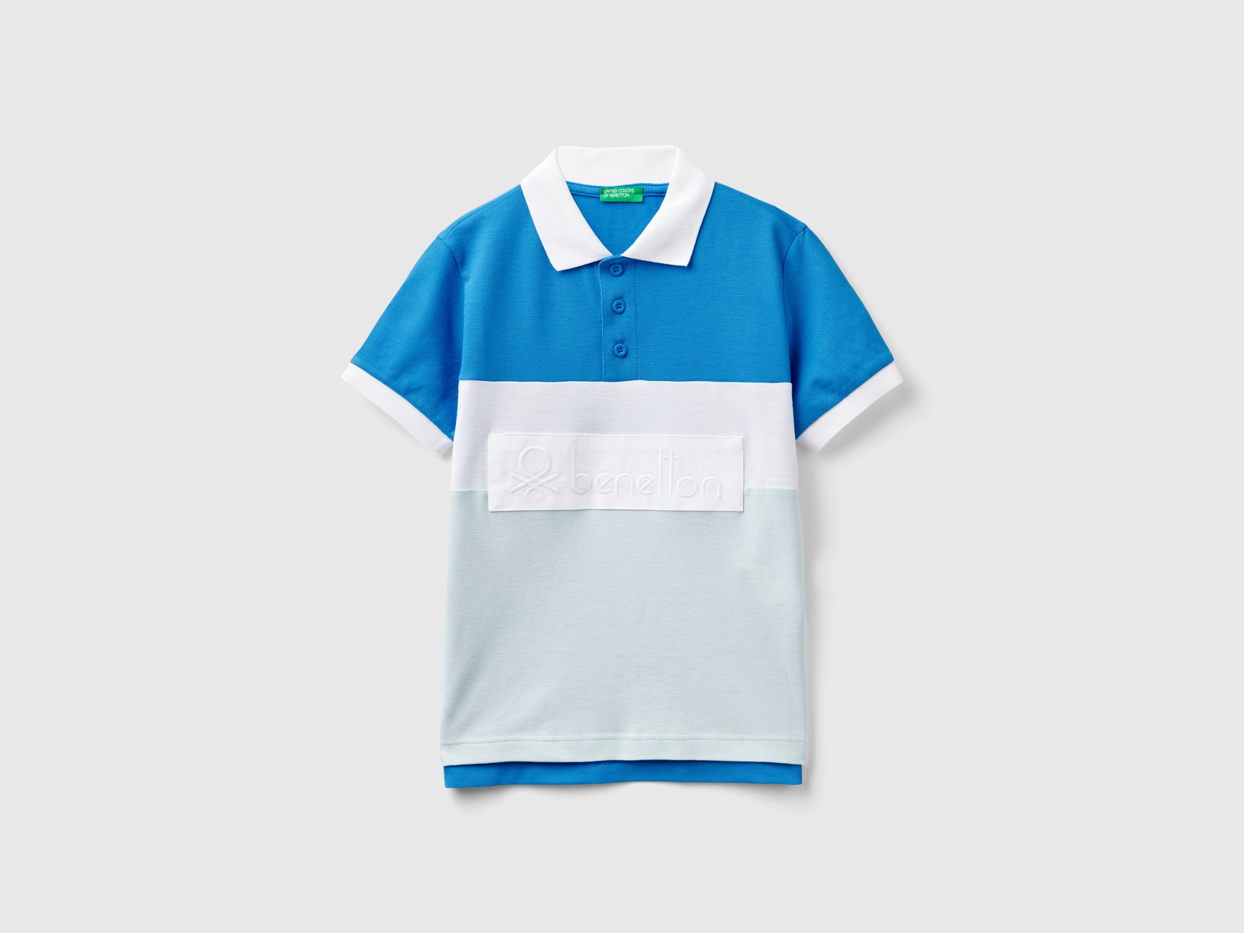Image of Benetton, Color Block Polo Shirt In Organic Cotton, size 2XL, Blue, Kids