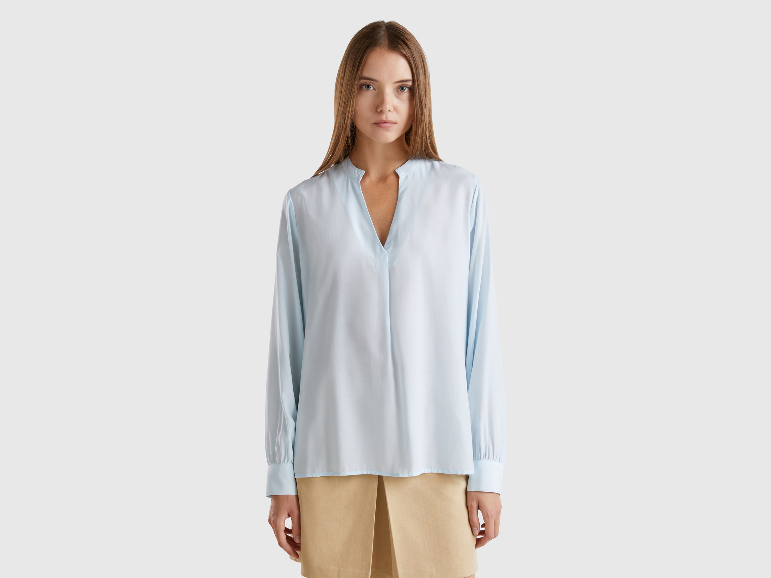 Benetton, Camicia Con Scollo Serafino, Celeste, Donna