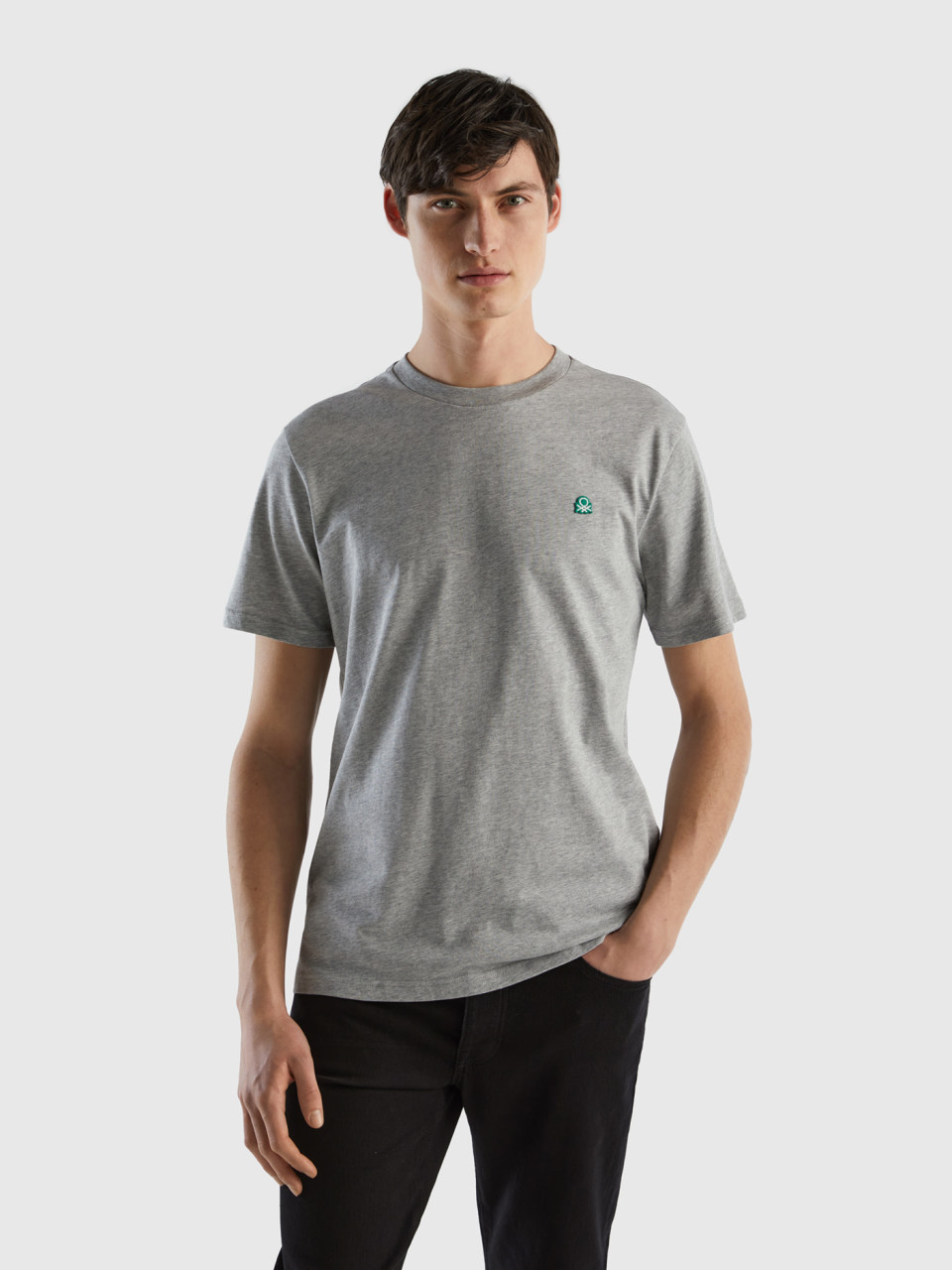 Benetton, T-shirt Basique En 100 % Coton Bio, Gris Clair, Homme