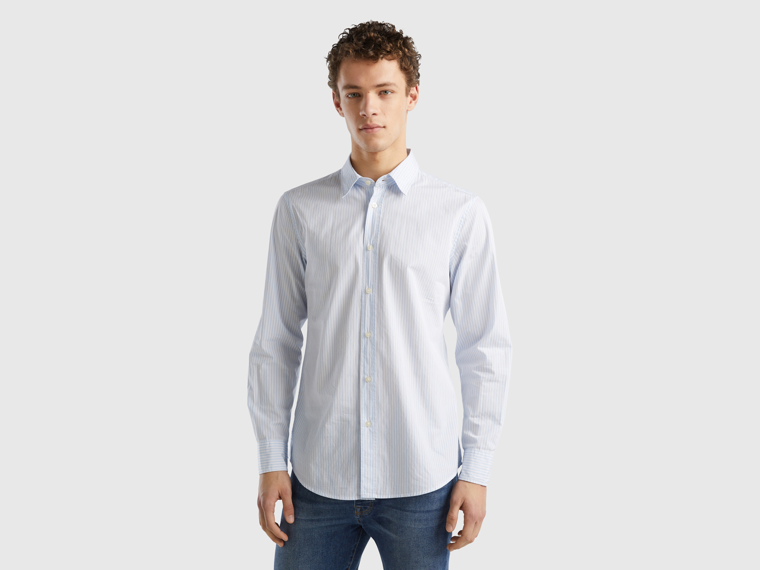 Image of Benetton, Striped Organic Cotton Shirt, size XXL, Sky Blue, Men