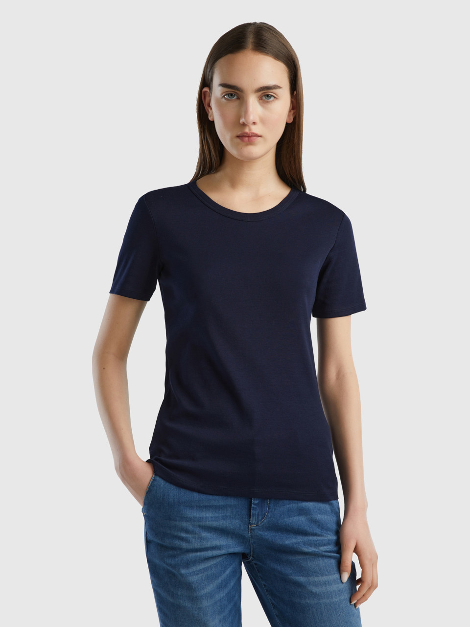 Benetton, T-shirt En Coton Longues Fibres, Bleu Foncé, Femme