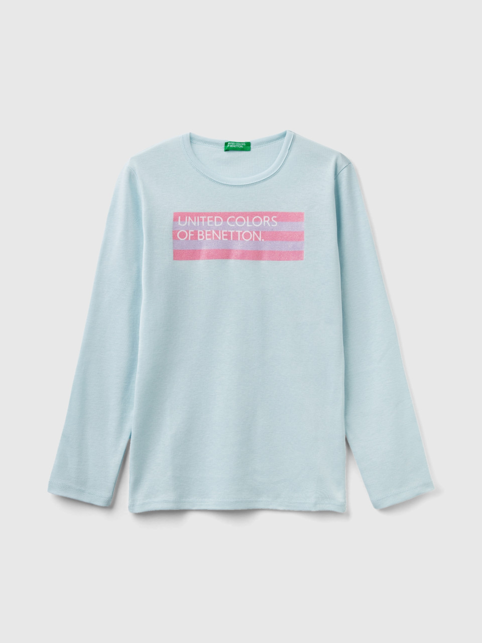 Benetton, Long Sleeve T-shirt With Glitter Print, Aqua, Kids