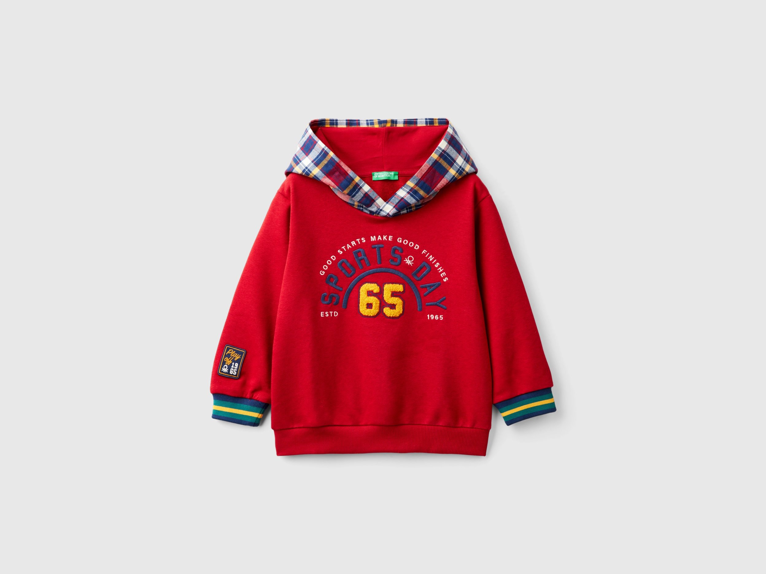 Benetton, Felpa Con Cappuccio Tartan, Rosso, Bambini