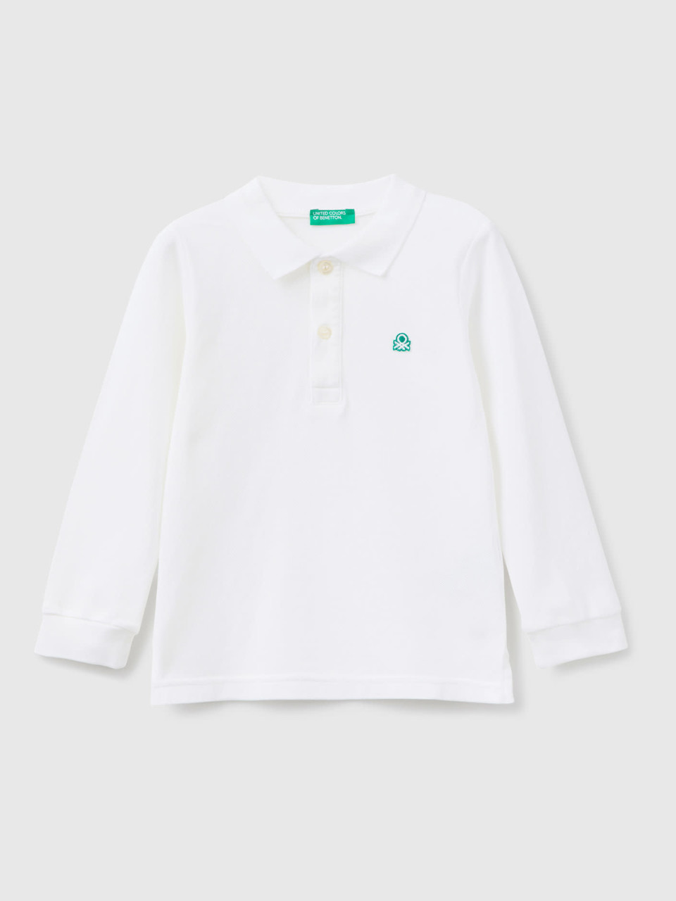 Benetton, Long Sleeve Polo In Organic Cotton, White, Kids
