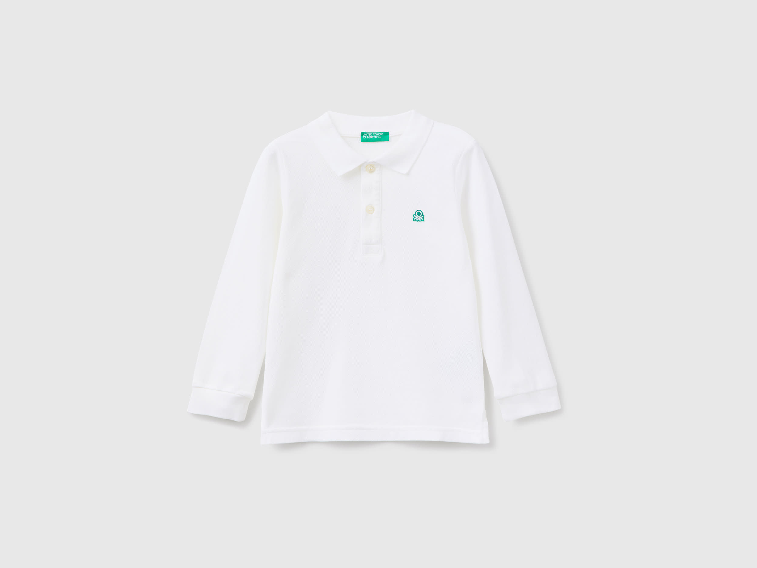 Image of Benetton, Long Sleeve Polo In Organic Cotton, size 110, White, Kids