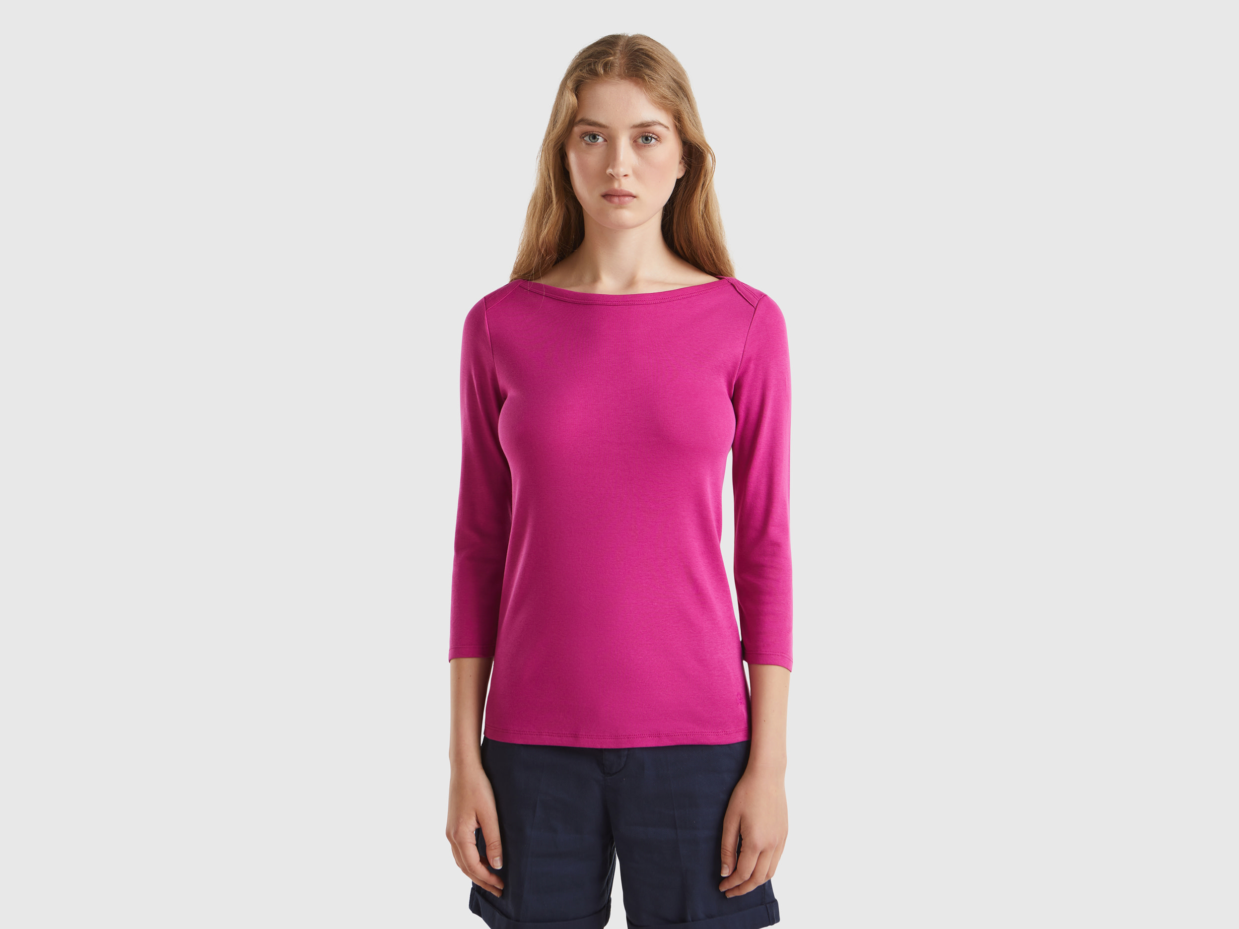 Benetton, T-shirt Con Scollo A Barchetta 100% Cotone, Ciclamino, Donna