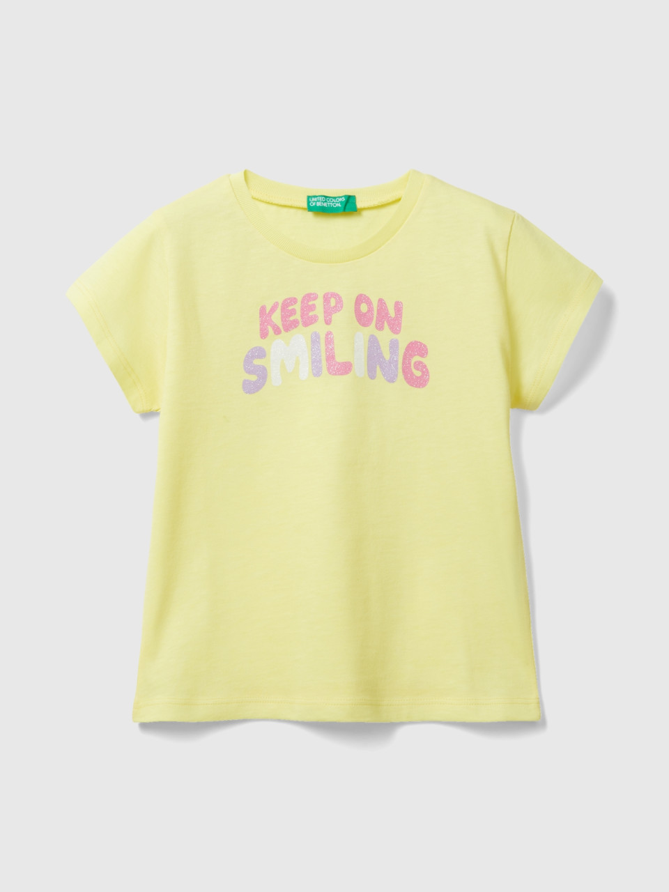 Benetton, Camiseta De Algodón Orgánico Con Glitter, Amarillo, Niños