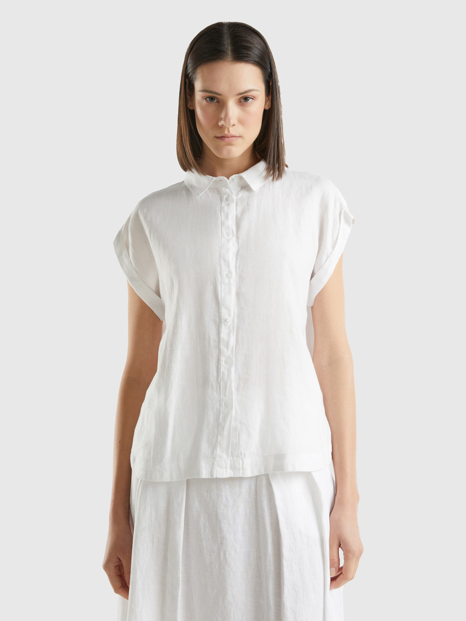 Benetton, Boxy Fit Shirt In Pure Linen, White, Women