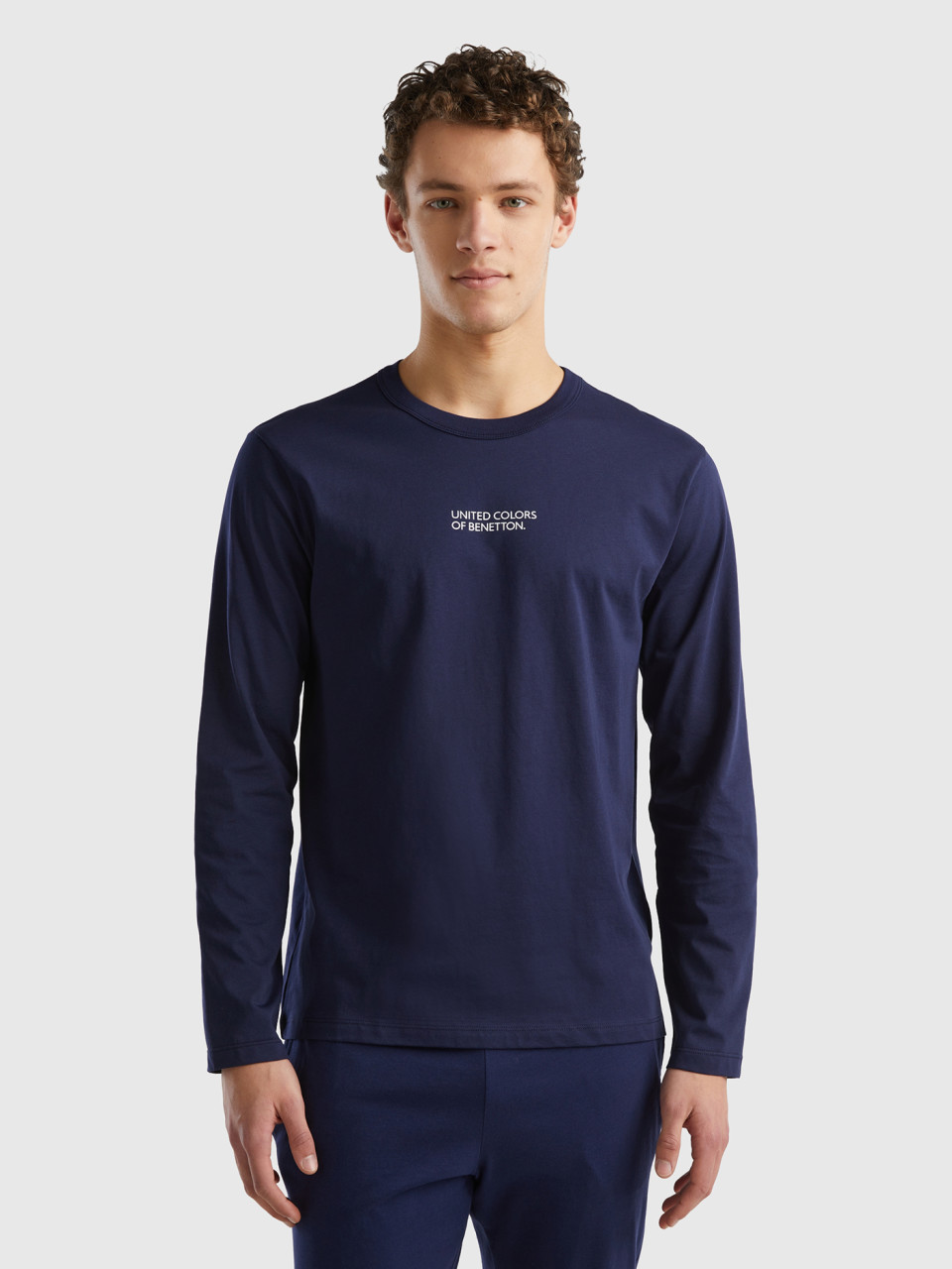 Benetton, Langarm-shirt Aus 100% Baumwolle, Dunkelblau, male