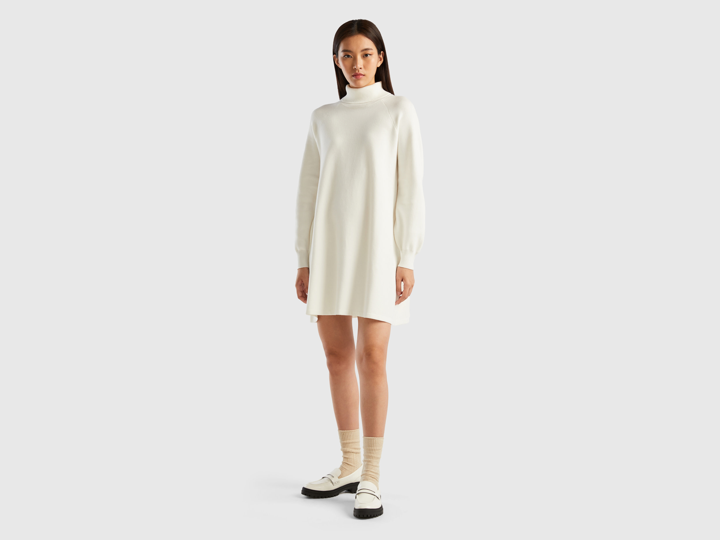 Benetton, Knit Dress With High Neck, size L-XL, Creamy White, Women