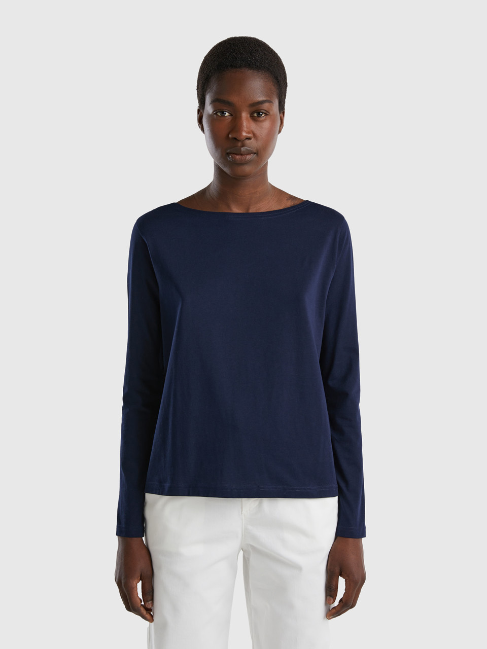 Benetton, T-shirt With Boat Neck In 100% Cotton, Dark Blue, Women