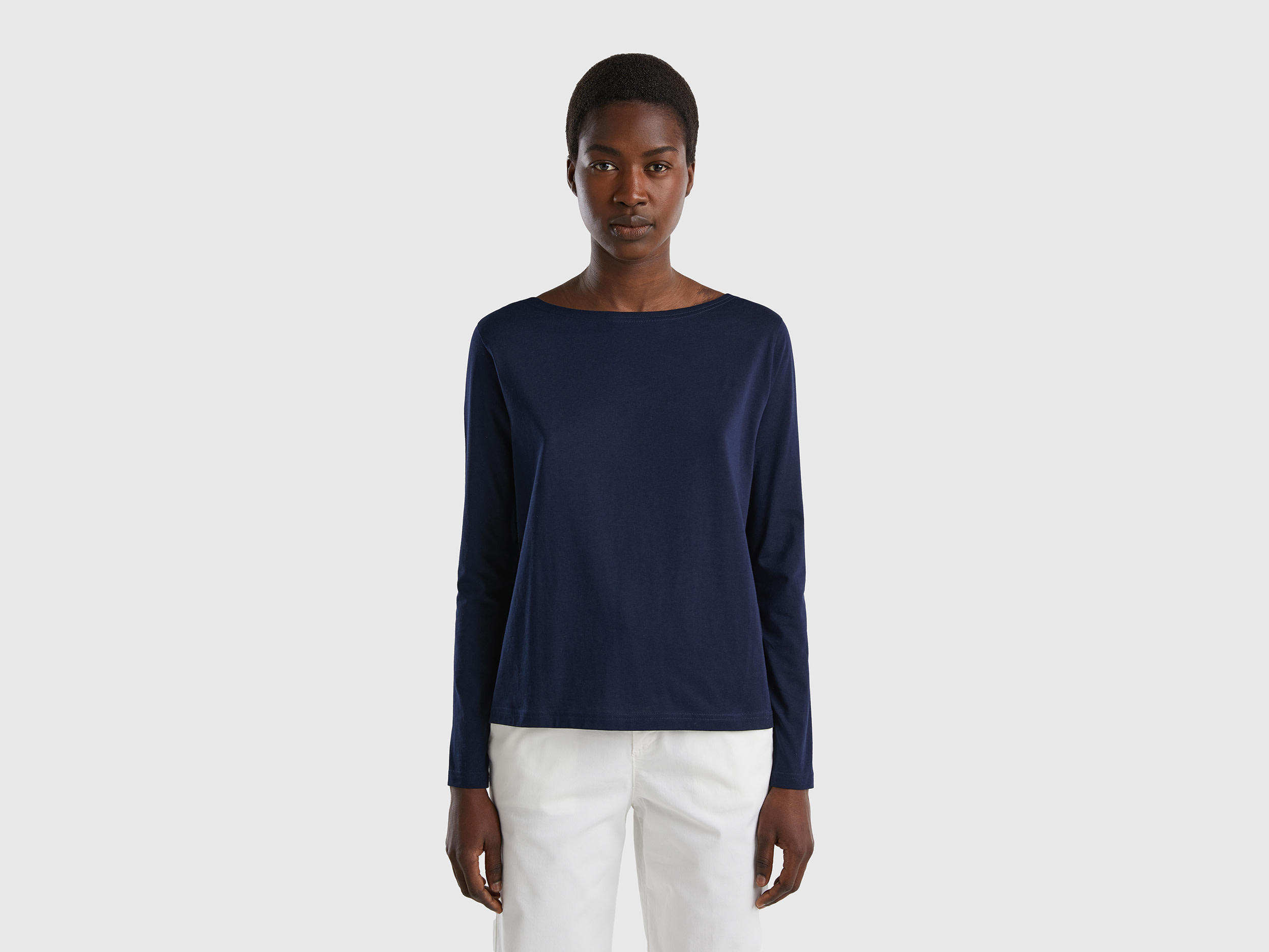 Benetton, T-shirt With Boat Neck In 100% Cotton, size S, Dark Blue, Women