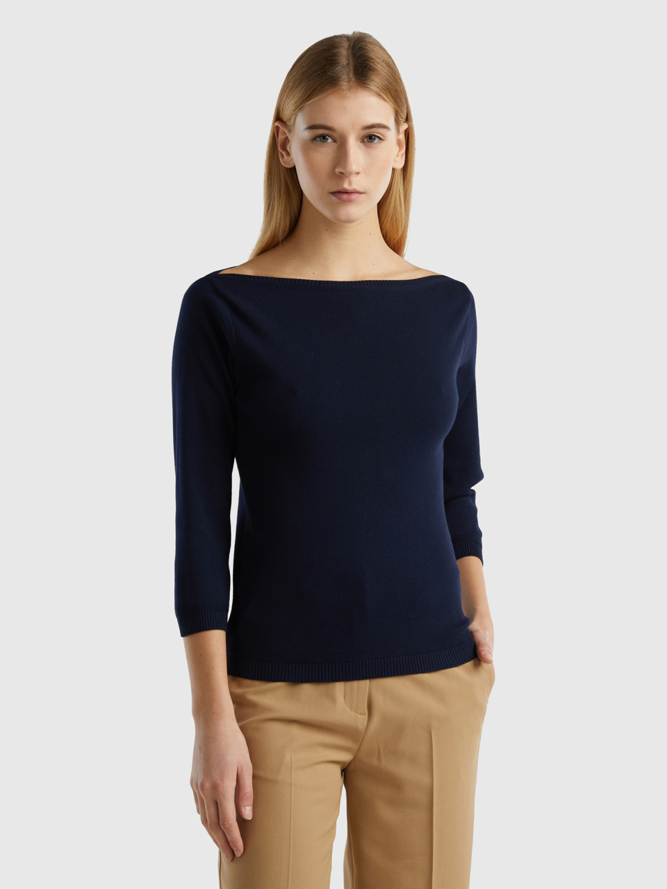 Benetton Online exclusive, 100% Cotton Boat Neck Sweater, Dark Blue, Women