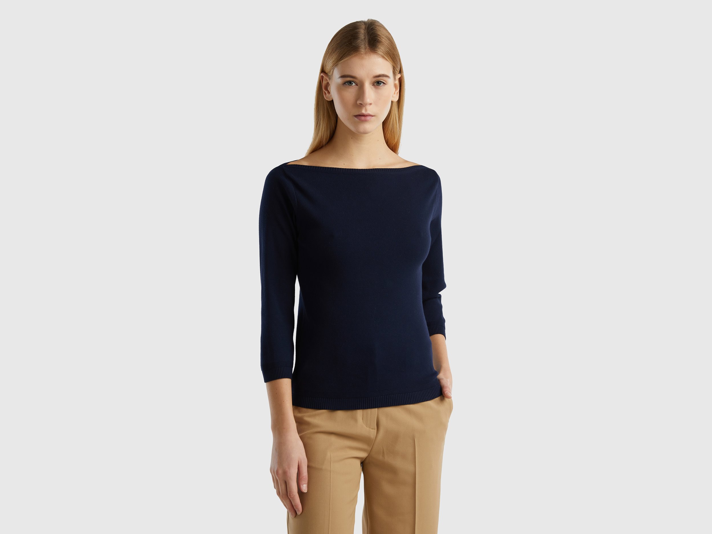 Benetton Online exclusive, 100% Cotton Boat Neck Sweater, size L, Dark Blue, Women