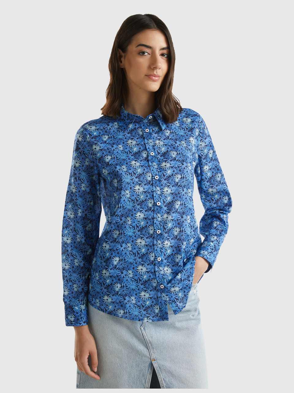 Benetton, Camisa Estampada De 100 % Algodón, Azul, Mujer
