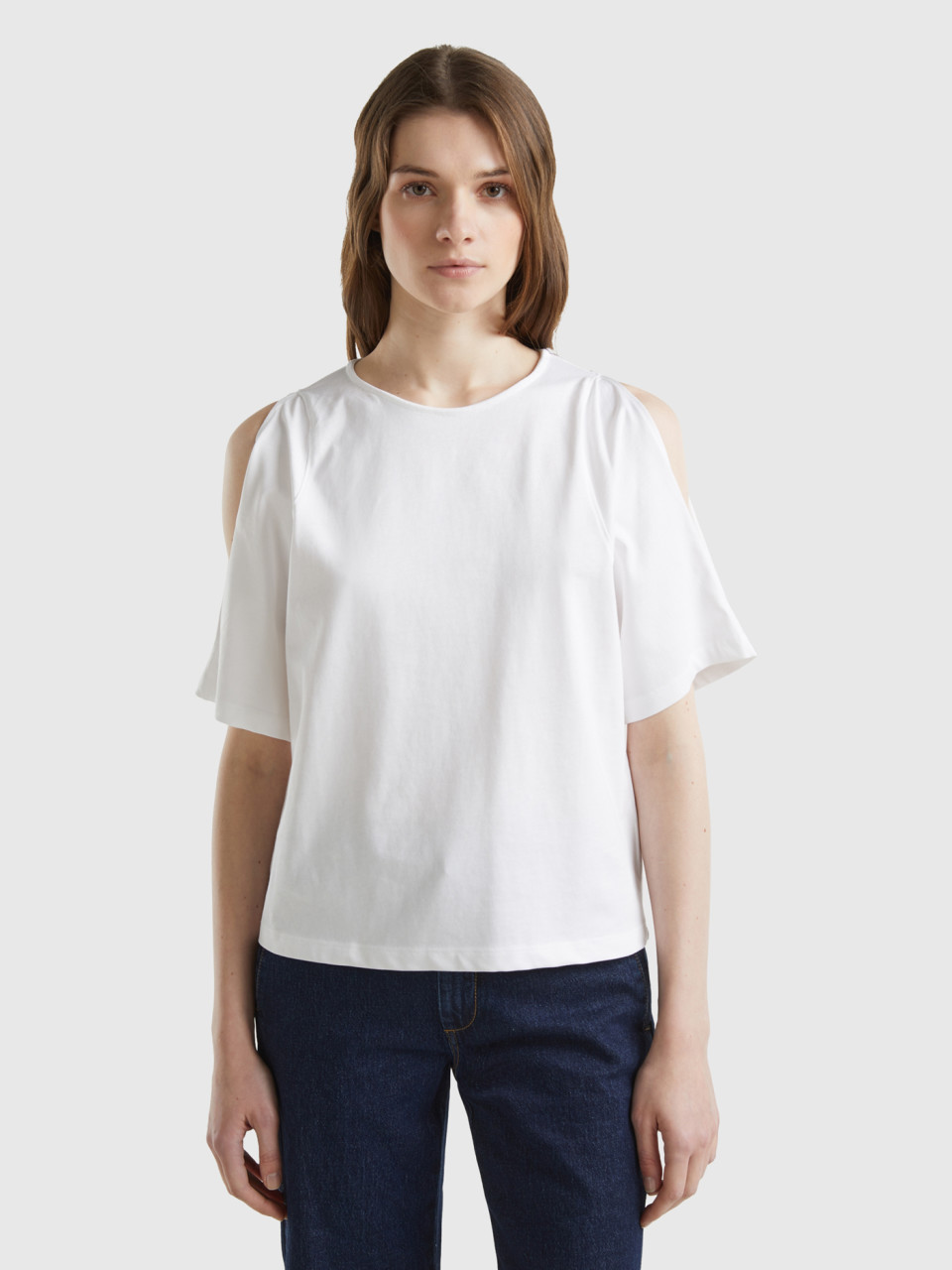 Benetton, Camiseta Con Manga Troquelada, Blanco, Mujer