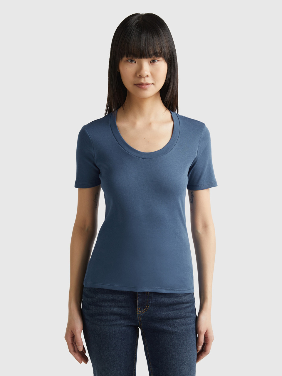 Benetton, T-shirt À Manches Courtes En Coton À Fibre Longue, Bleu Horizon, Femme