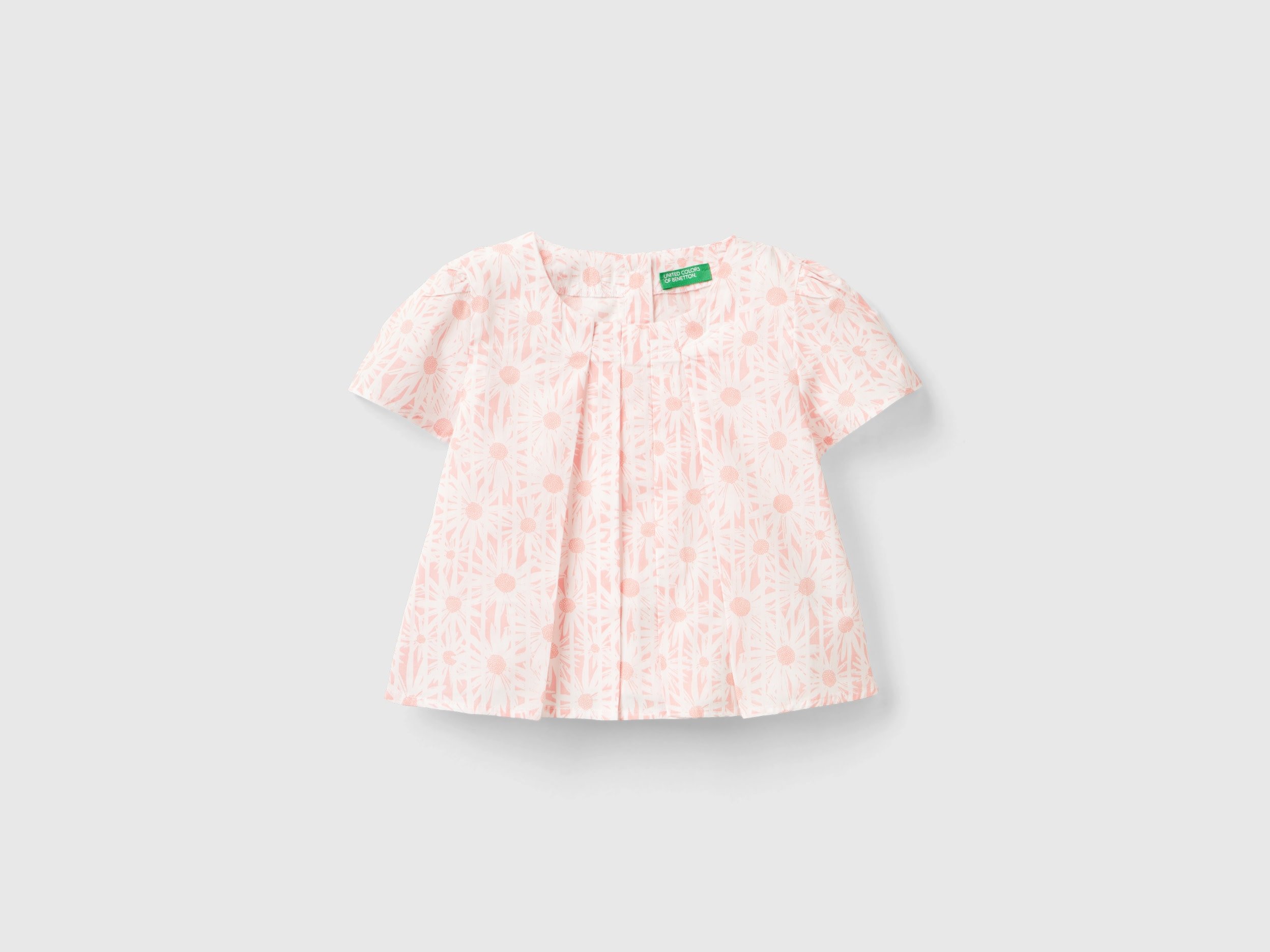 Benetton, Blusa A Righe E Fiori, Rosa Tenue, Bambini