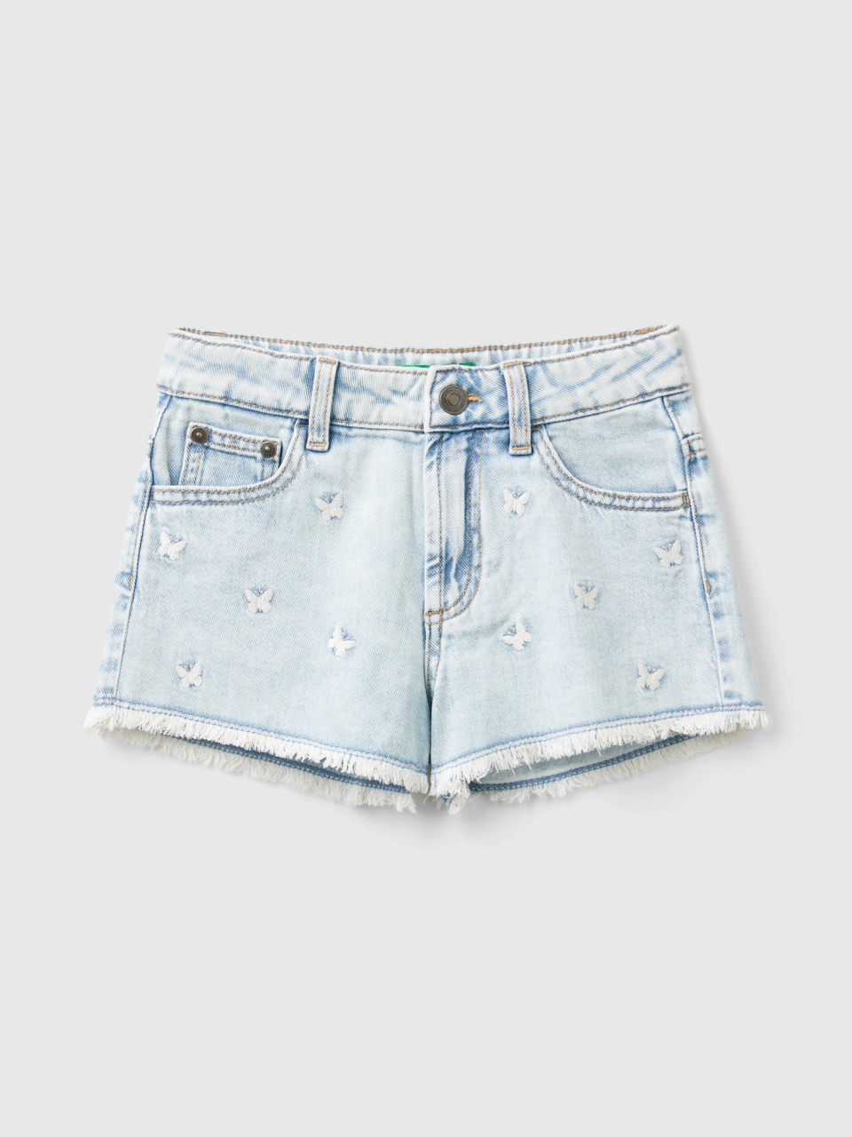 Benetton, Denim Shorts With Butterfly Embroidery, Sky Blue, Kids