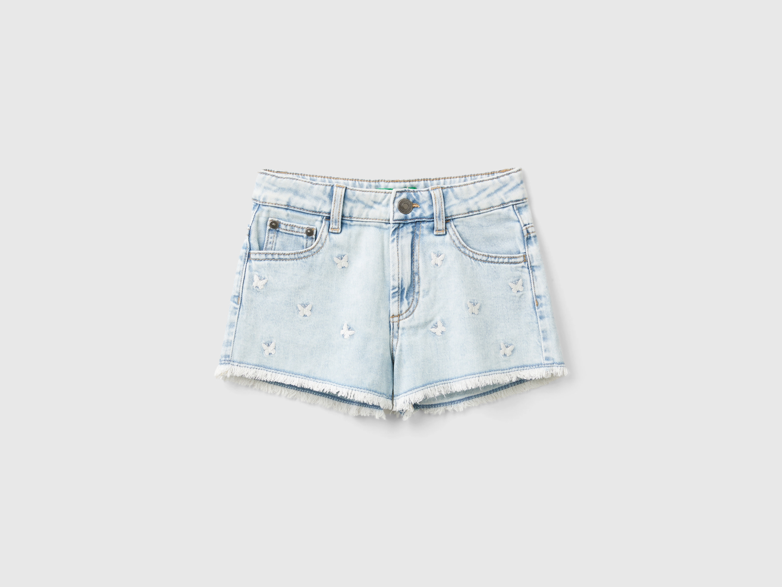 Benetton, Shorts Di Jeans Con Ricami Farfalle, Celeste, Bambini