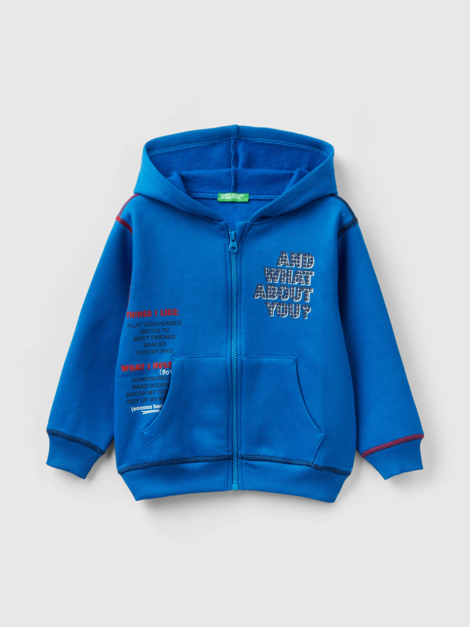 Benetton, Oversized Sweatshirt With Hood And Print, Bright Blue, Kids