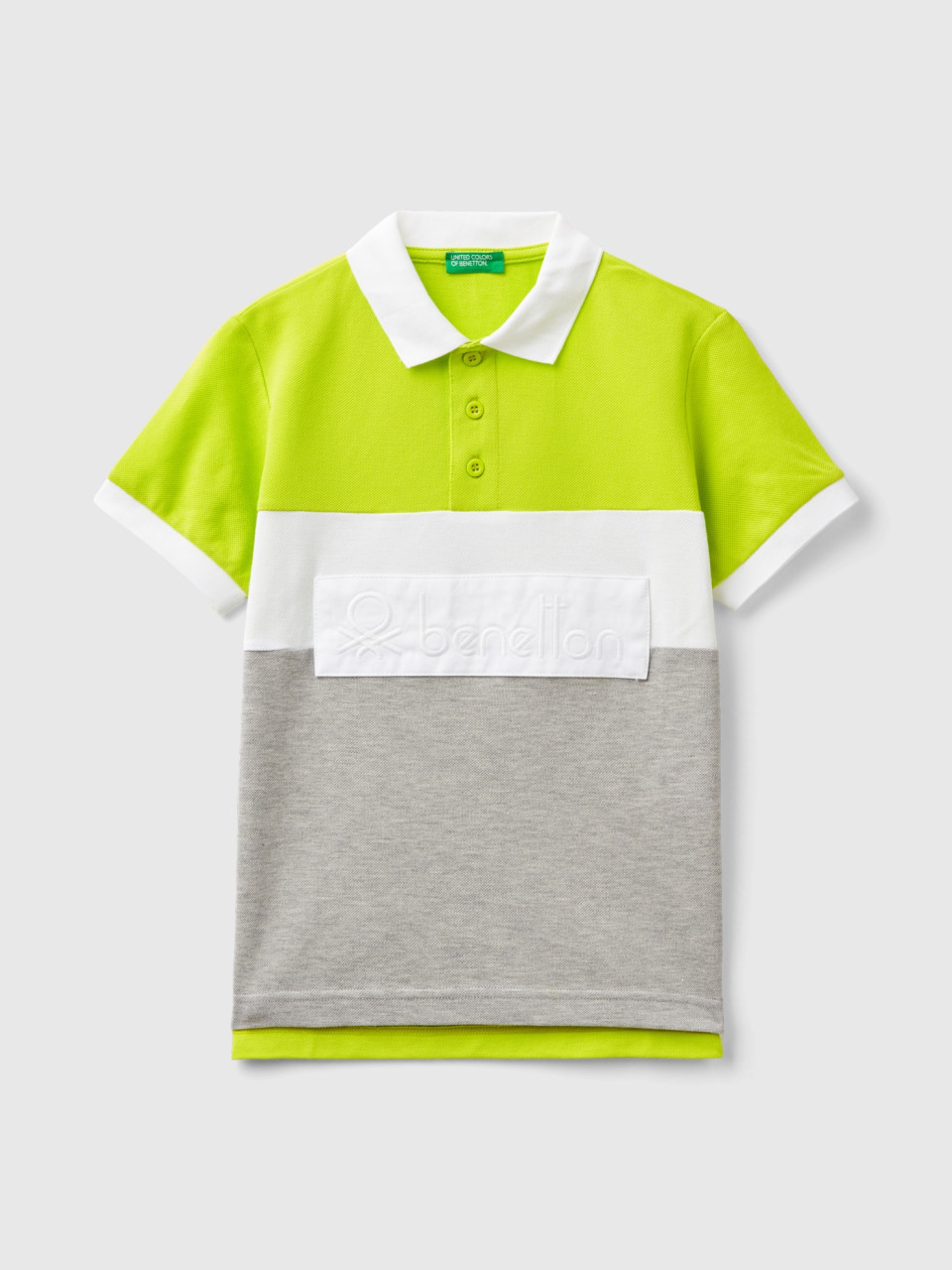 Benetton, Color Block Polo Shirt In Organic Cotton, Lime, Kids