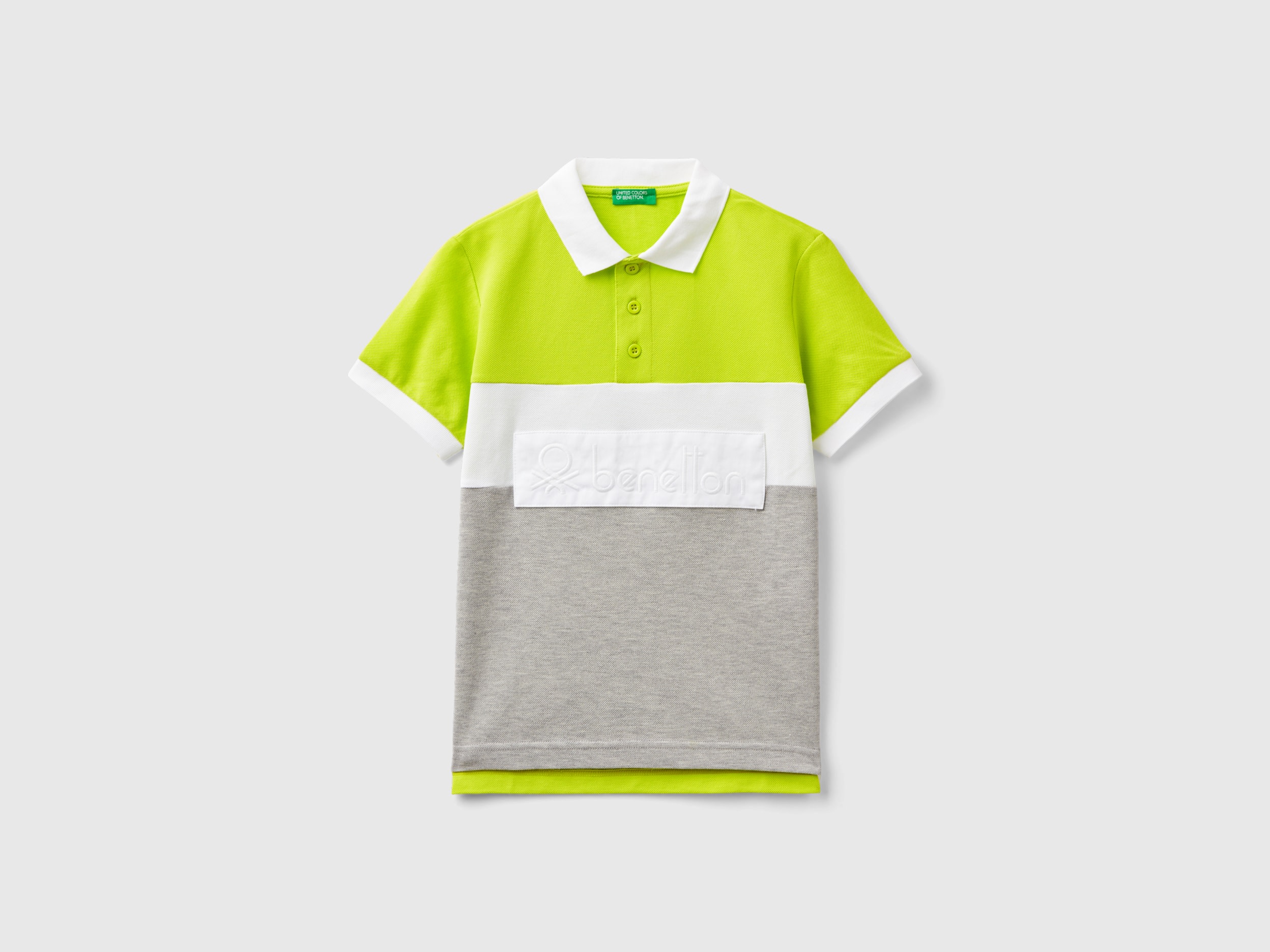 Image of Benetton, Color Block Polo Shirt In Organic Cotton, size 2XL, Lime, Kids