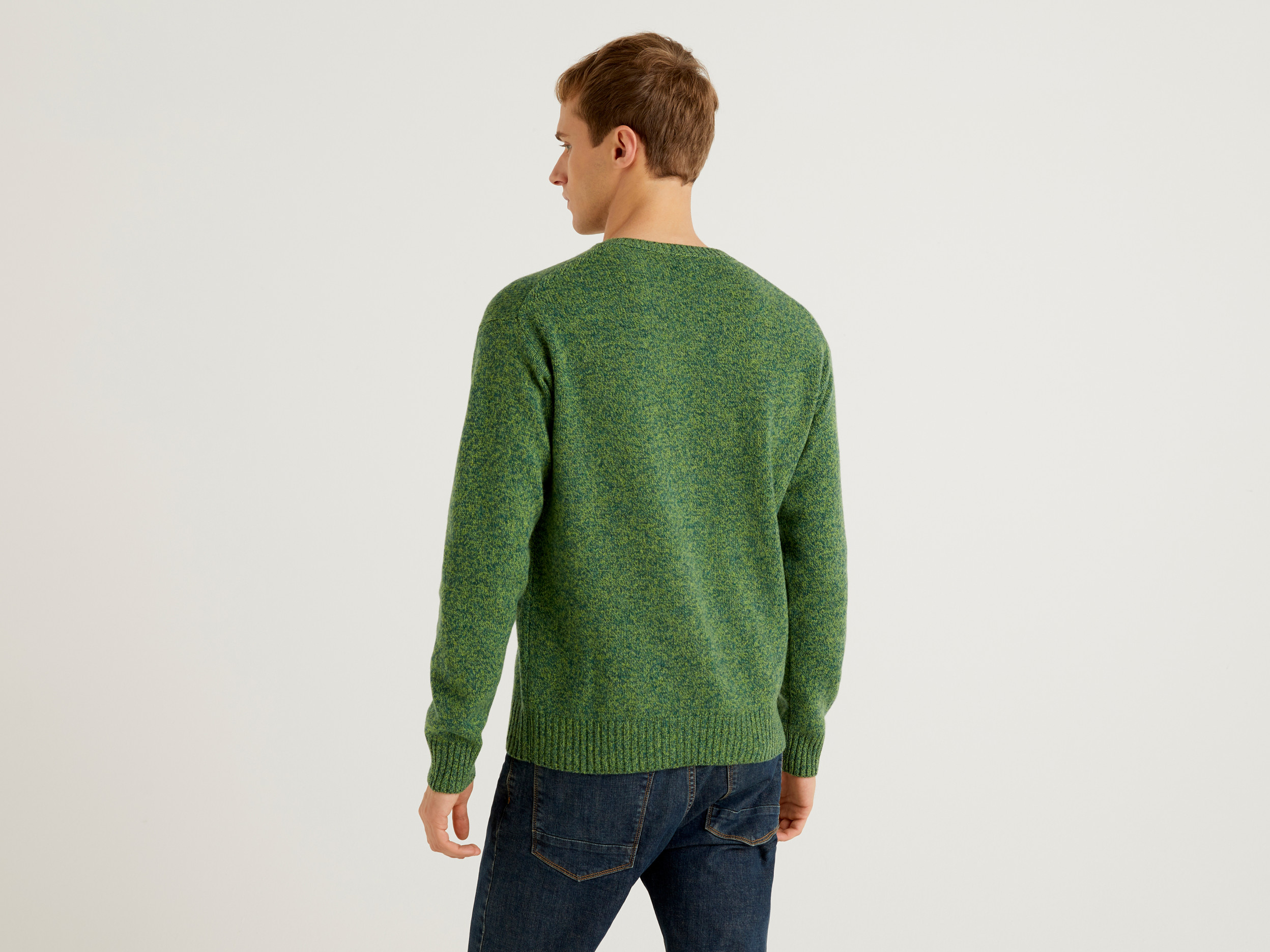 Benetton, Crew Neck Sweater In Pure Shetland Wool, Taglia Xxl, Green, Men