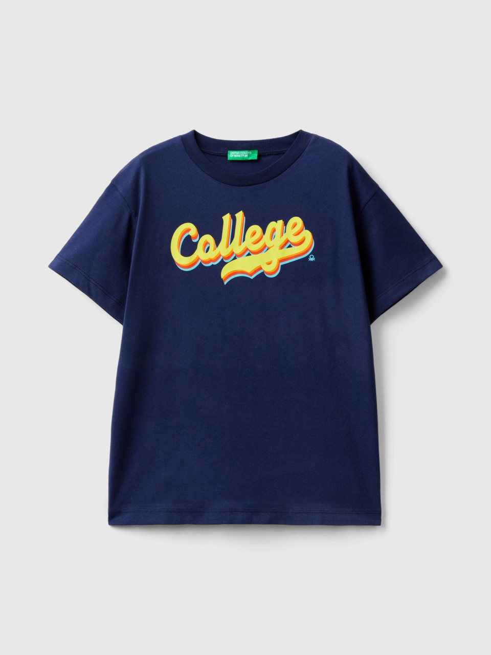 Benetton, T-shirt With Neon Details, Dark Blue, Kids