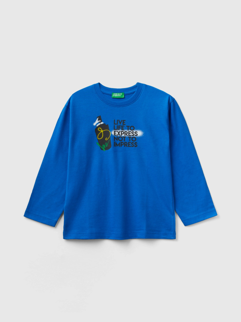 Benetton, Crew Neck T-shirt With Print, Bright Blue, Kids