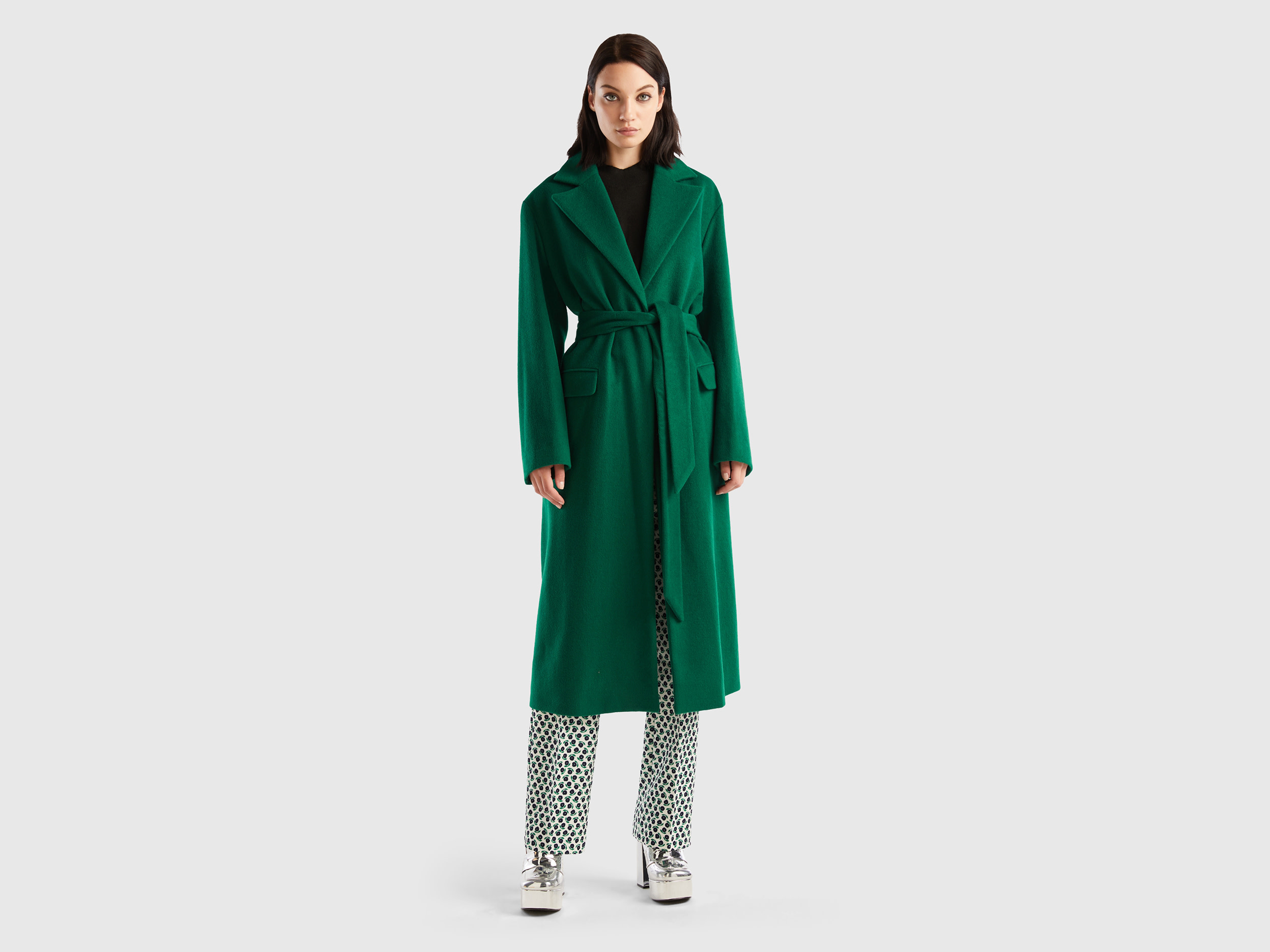Benetton, Long Coat With Belt, size L, Green, Women