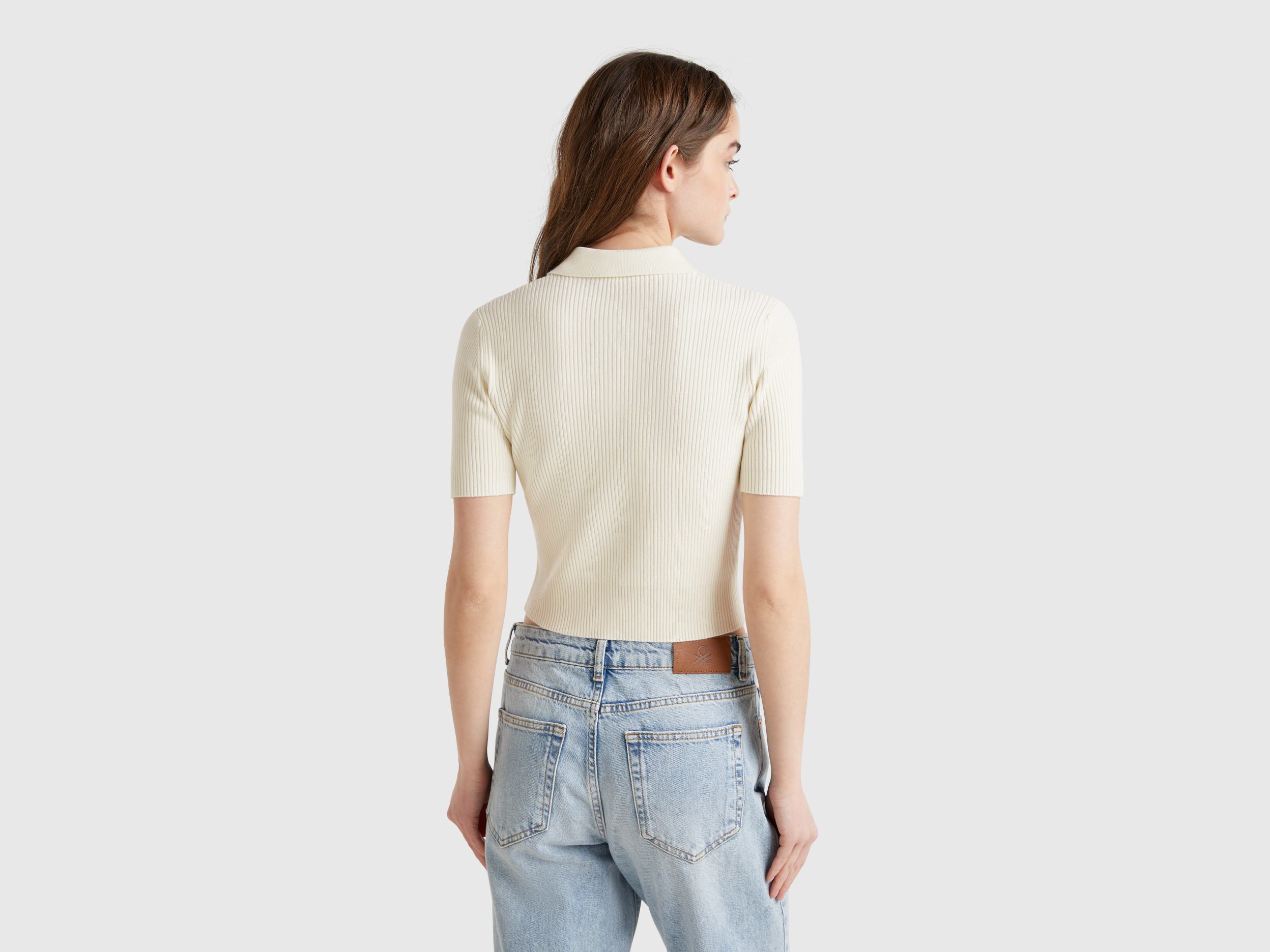 Benetton, Πόλο Από Πλεκτό Ύφασμα Με Σχέδιο Με Ρόμβους, size L, Λευκο, Γυναικεία φωτογραφία