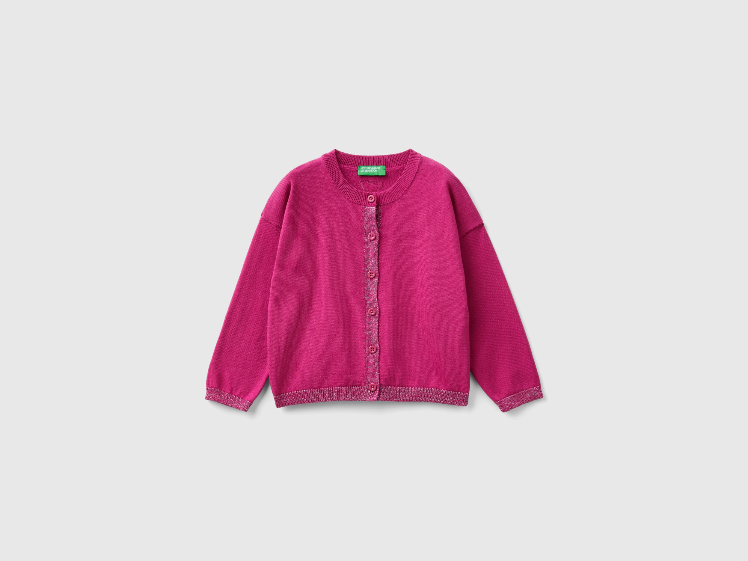 Benetton, Cardigan Con Lurex In Puro Cotone, Fucsia, Bambini