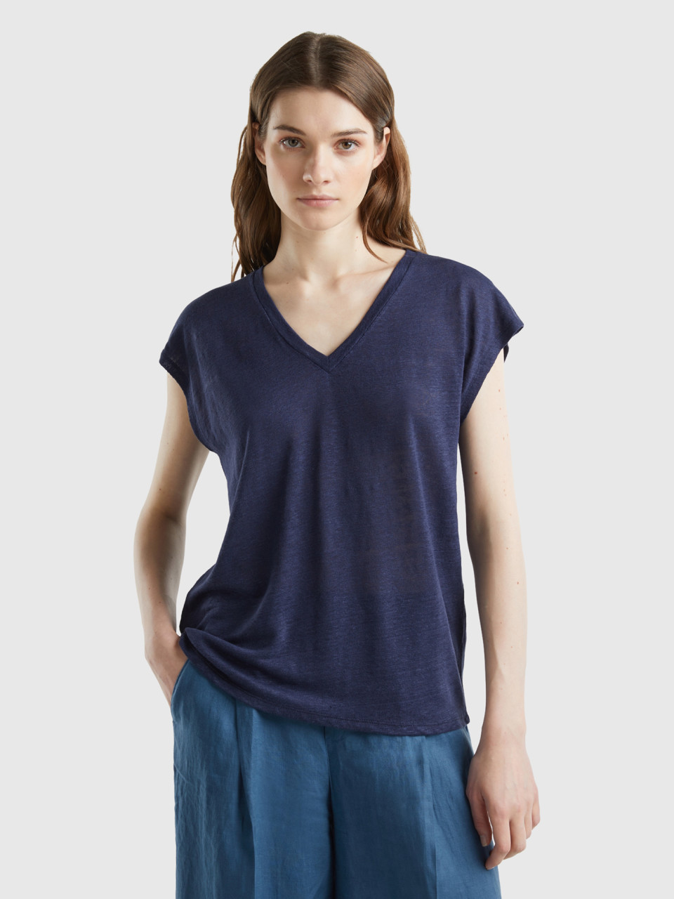 Benetton, V-neck T-shirt In Pure Linen, Dark Blue, Women