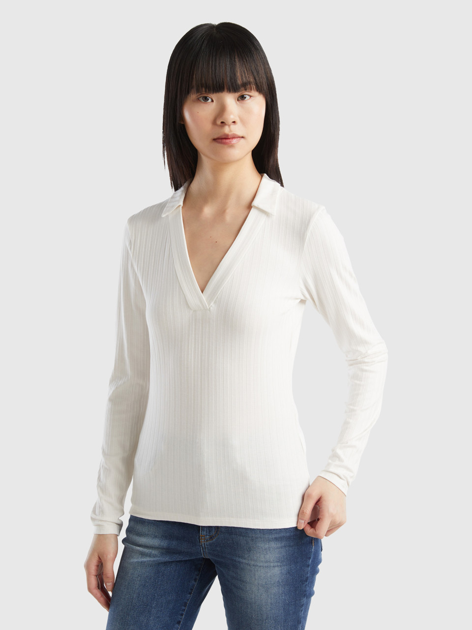 Benetton, Ribbed T-shirt With Collar, Creamy White, Women