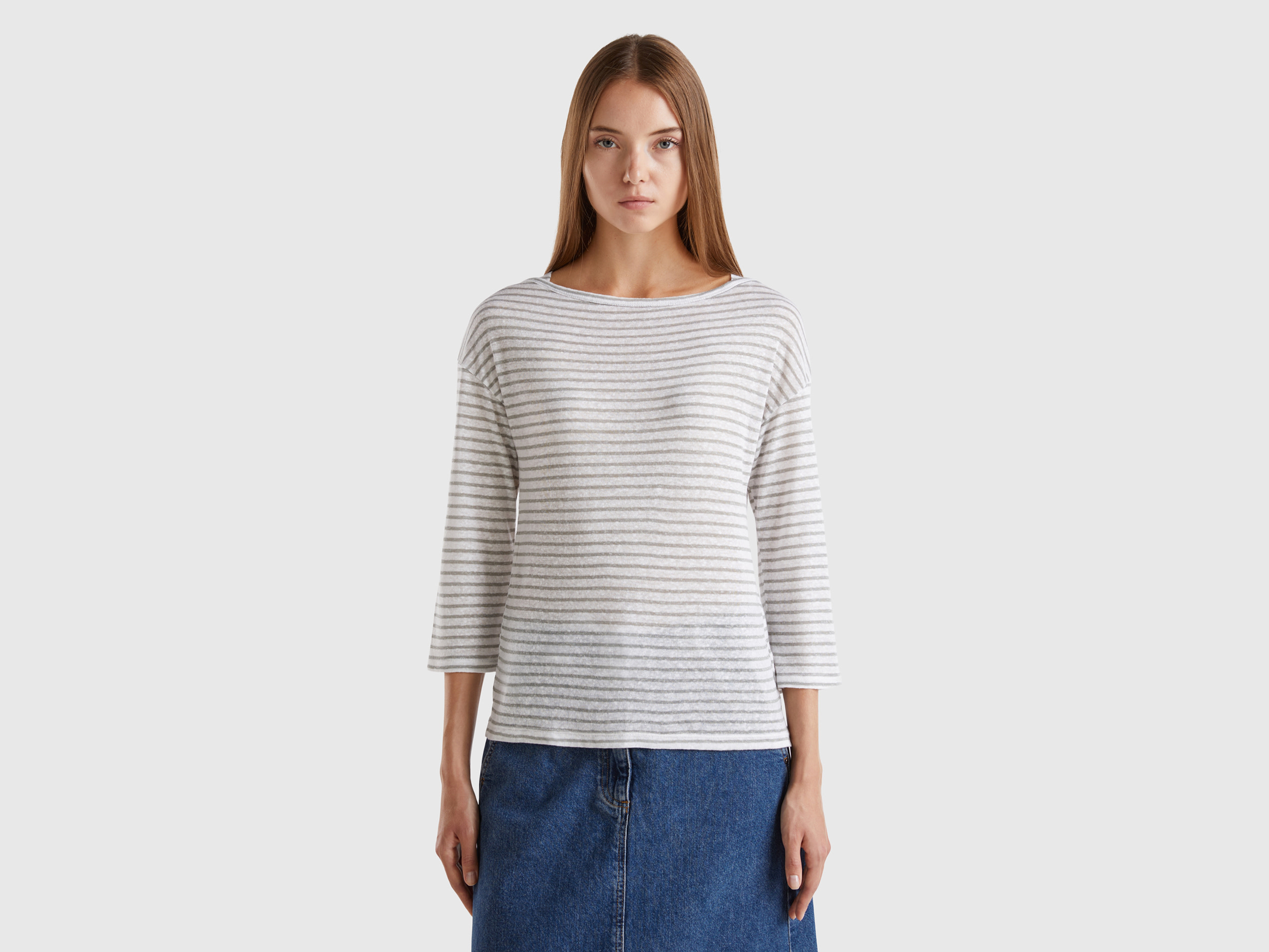 Benetton, T-shirt A Righe Con Manica A 3/4, Grigio, Donna