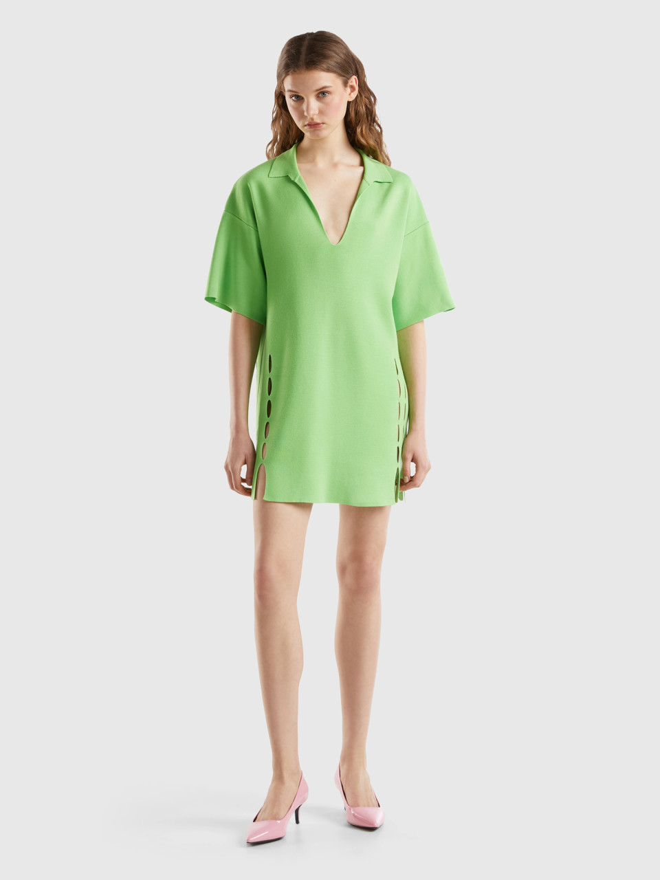 Benetton, Vestido De Estilo Polo Troquelado, Verde Claro, Mujer