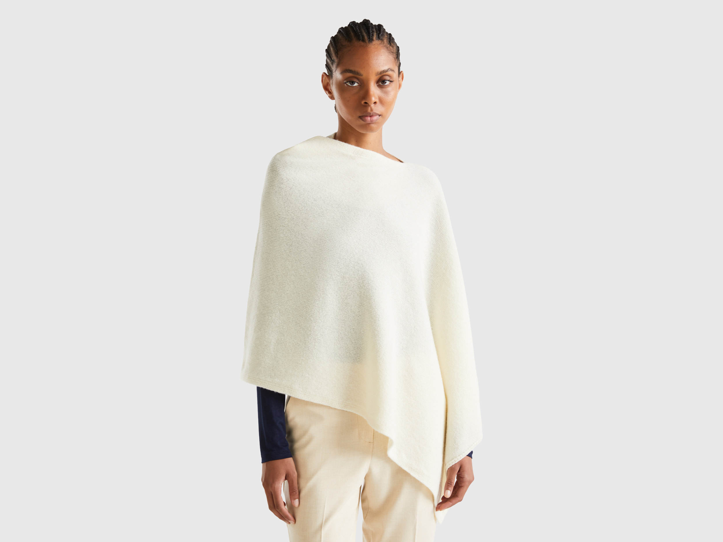 Benetton, Mantella In Pura Lana Shetland, Bianco Panna, Donna