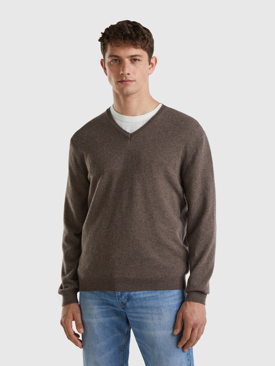 Benetton, Brown V-neck Sweater In Pure Merino Wool, Brown, Men