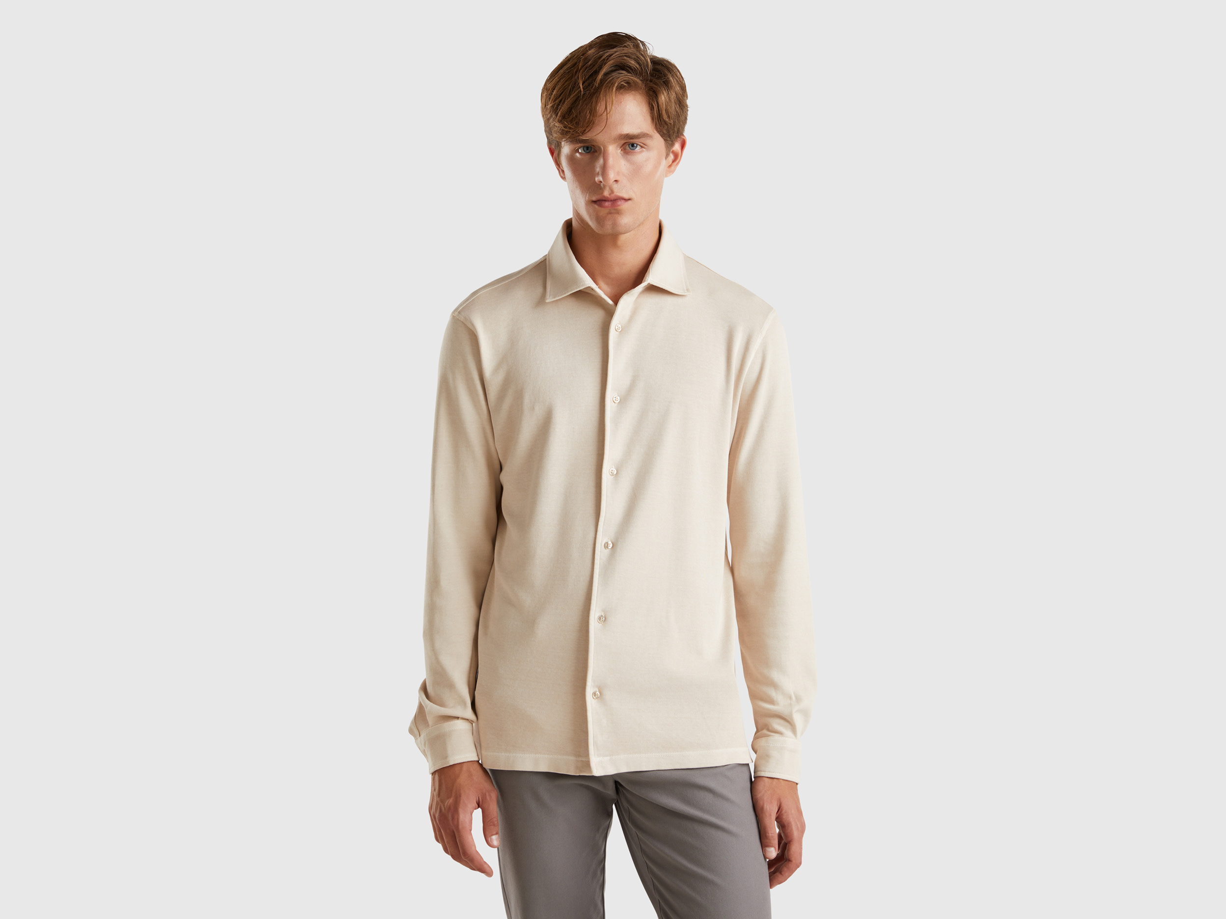 Benetton, Camicia In Puro Cotone, Beige, Uomo