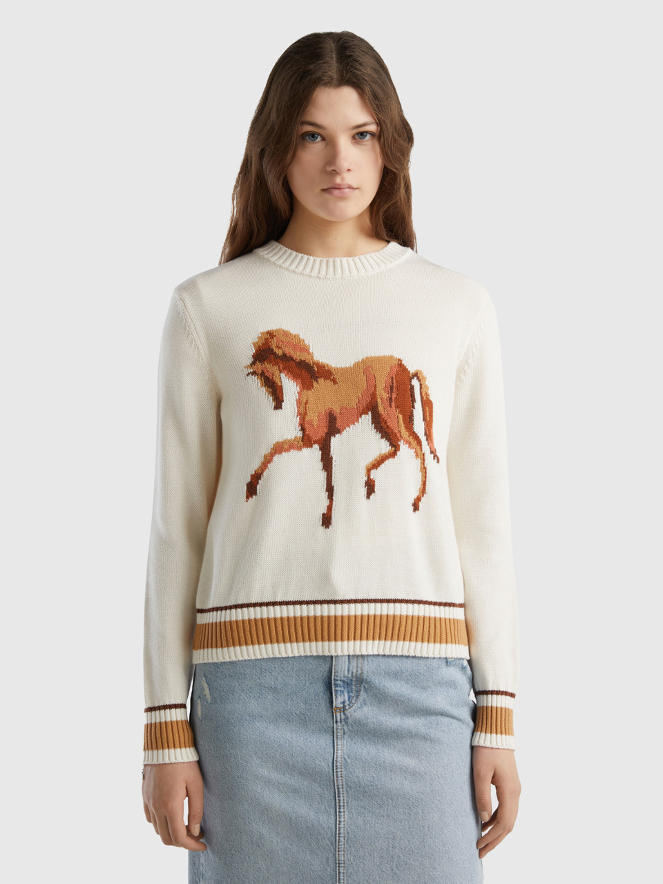 Benetton, Sweater With Horse Inlay, Creamy White, Women