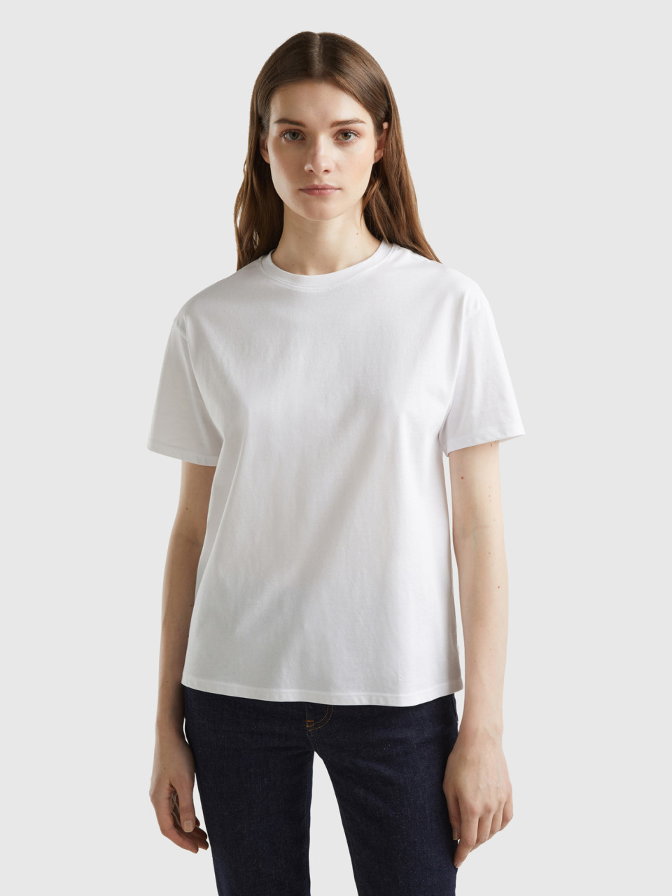 Benetton, Camiseta De Manga Corta De 100 % Algodón, Blanco, Mujer