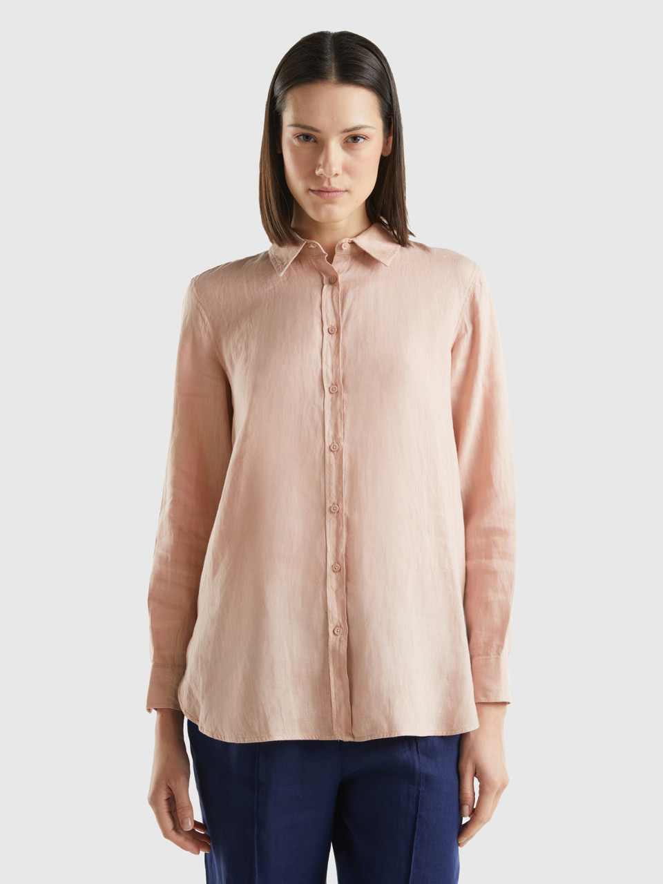 Benetton, Long Shirt In Pure Linen, Soft Pink, Women