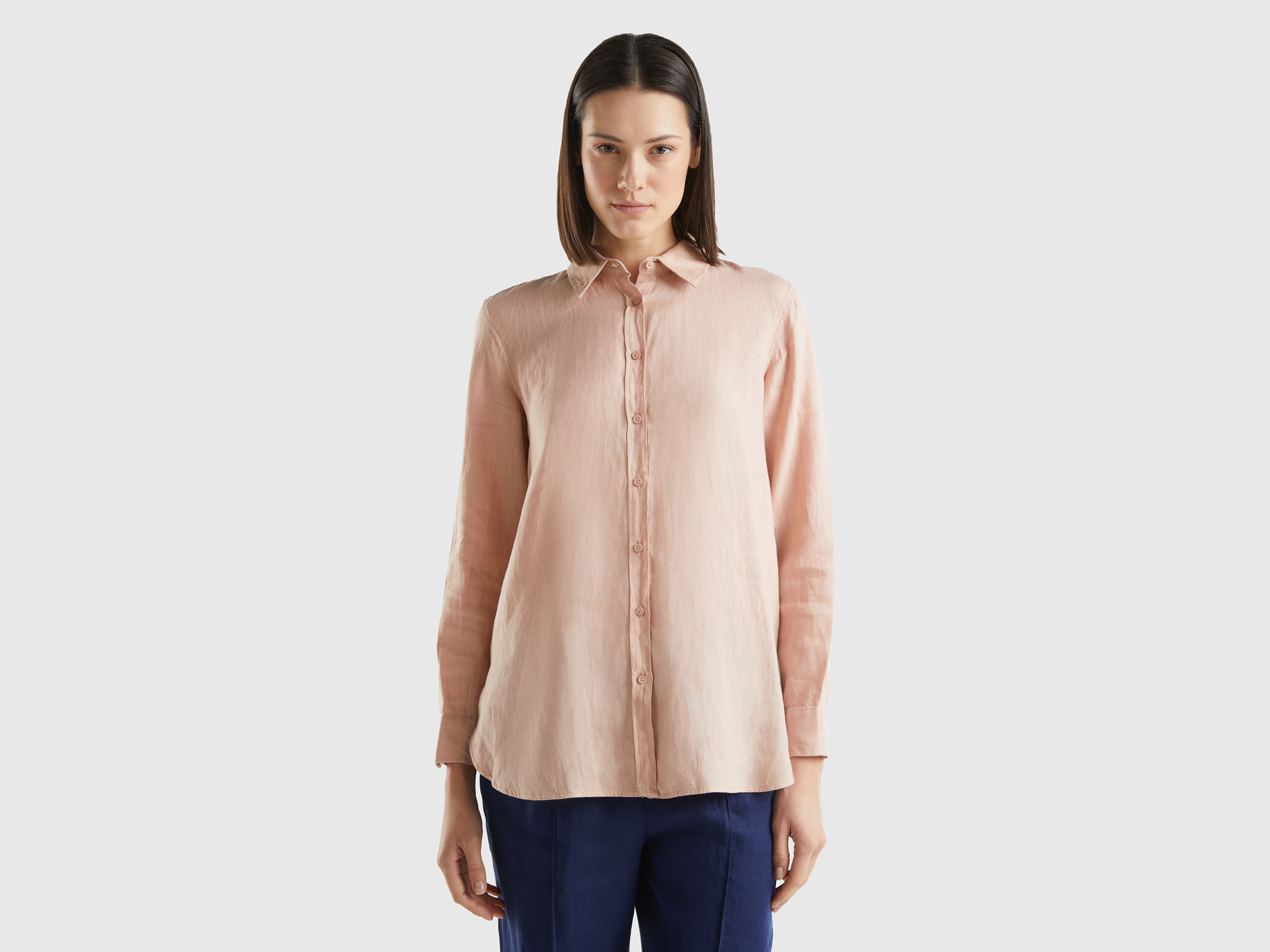 Benetton, Camicia Lunga In Puro Lino, Rosa Tenue, Donna