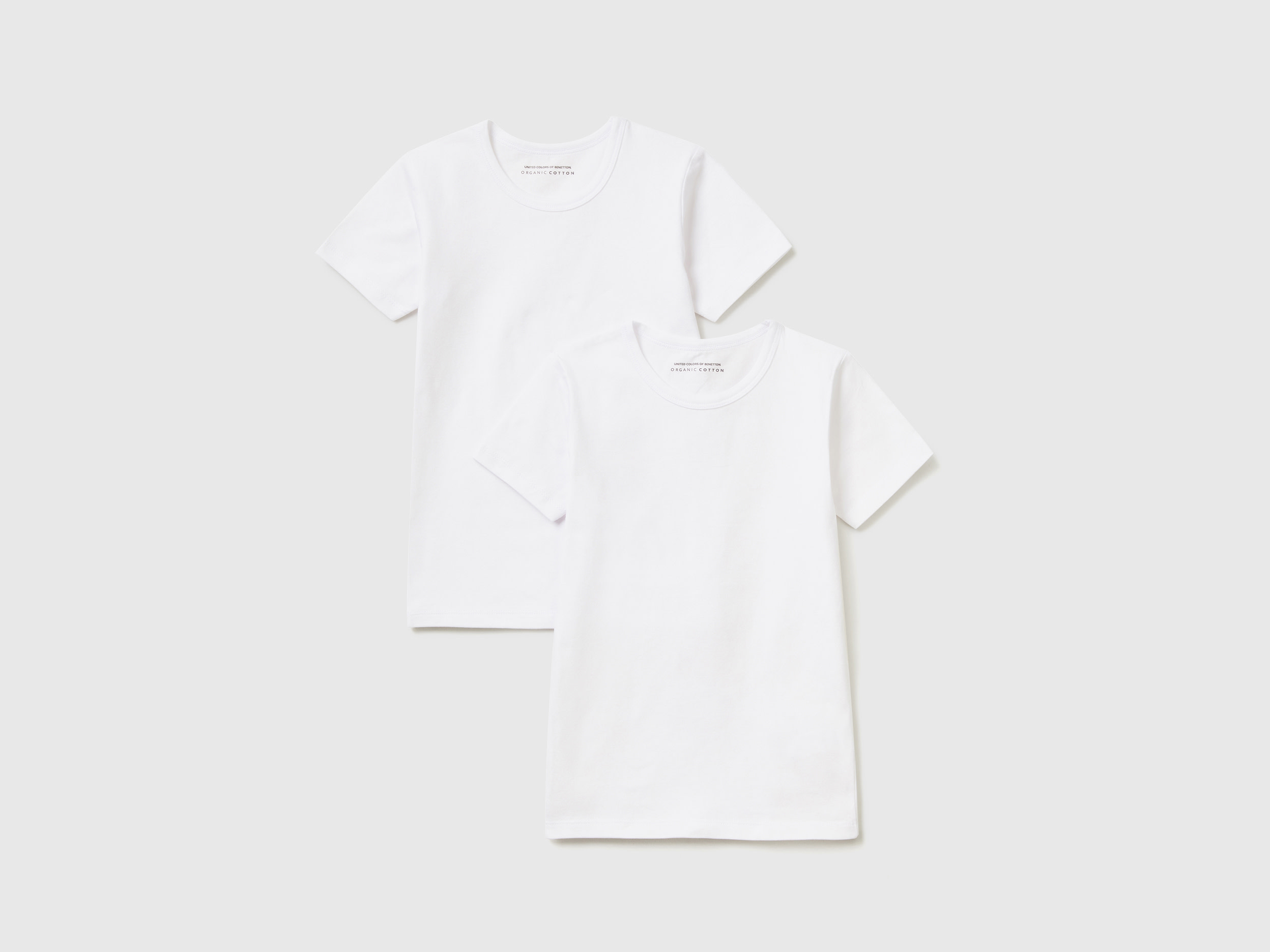 Benetton, Due T shirt Bianche In Cotone Bio Stretch, Bianco, Bambini