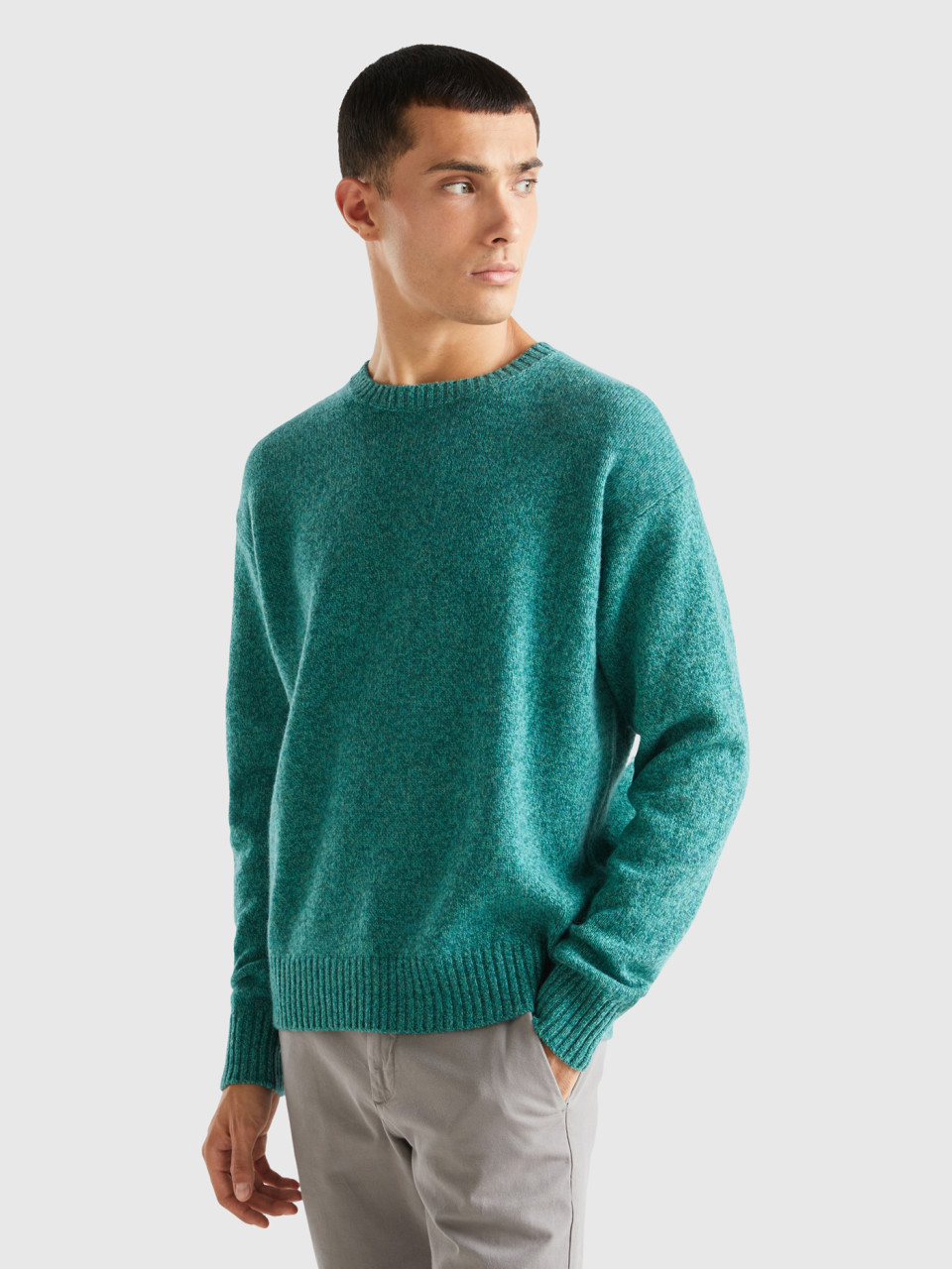 Benetton, Crew Neck Sweater In Pure Shetland Wool, Teal, Men